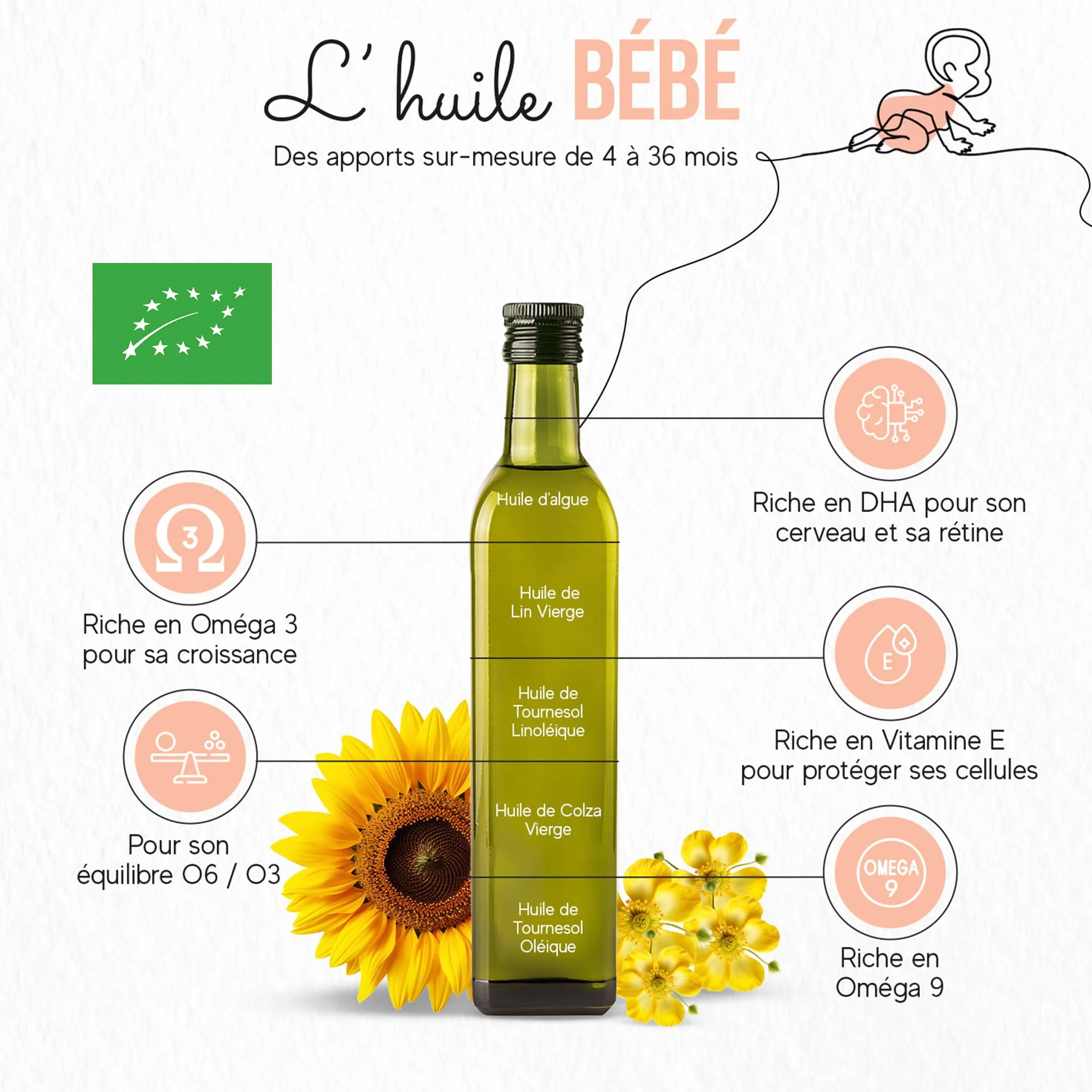 Lot 3 Huiles Bébé QUINTESENS 250 ml - Développement cérébral et Protection cellulaire - Apports en DHA, Oméga 3, 6 & 9 et Vitamine E - Production 100% Française - 4-36 Mois