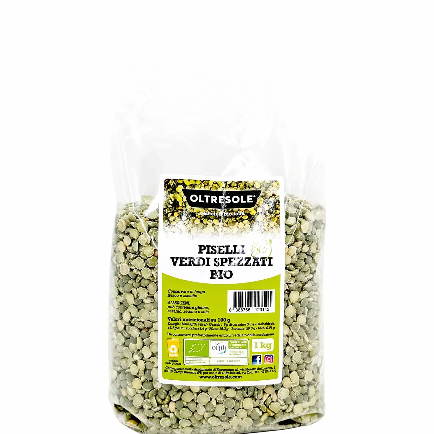 Oltresole, Pois verts fendus biologiques 1 kg, Légumineuses sèches décortiquées et fendues biologiques, pas de trempage nécessaire, source de protéines, idéal pour les soupes, Ideal Family Pack