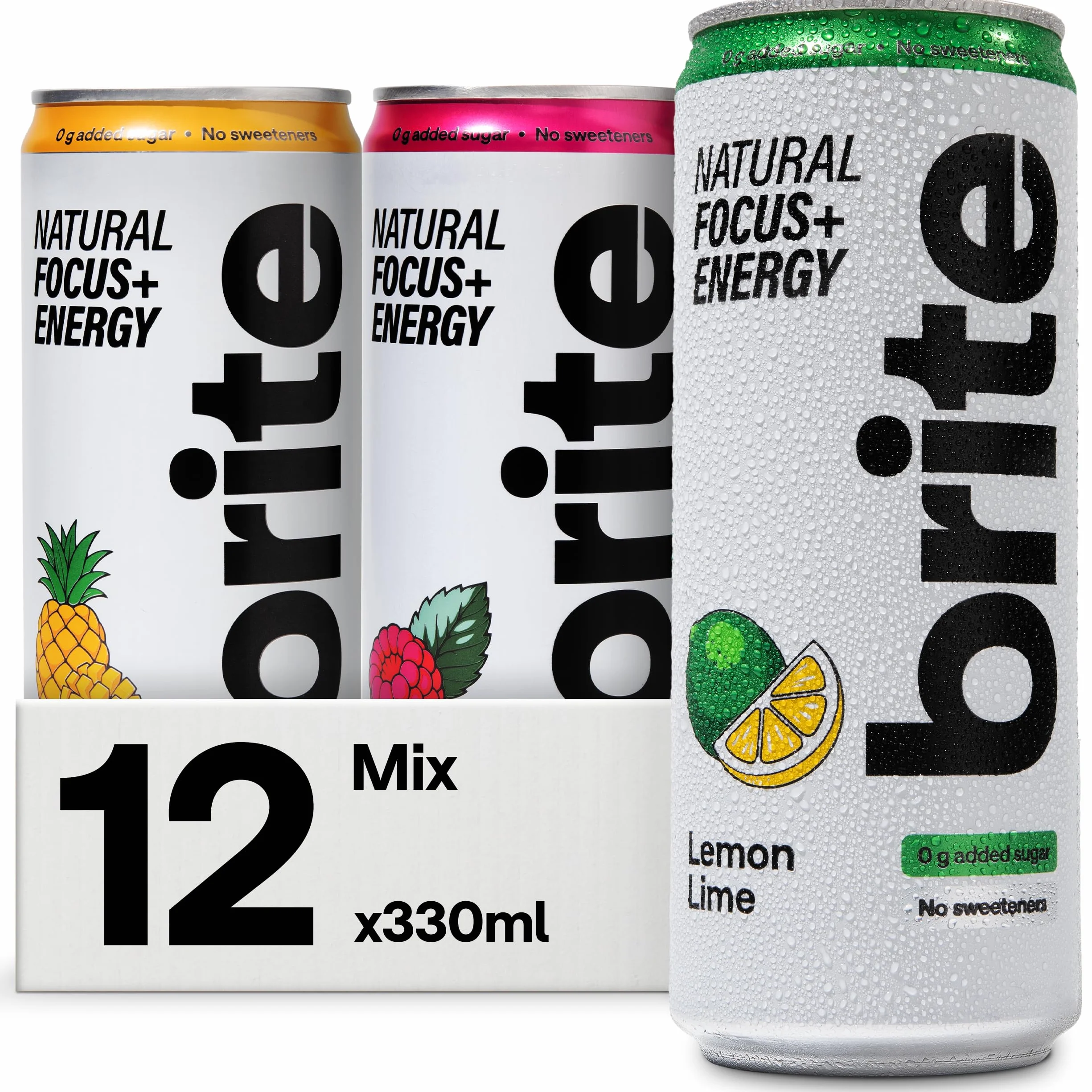 Brite Natural Focus. Boisson énergisante et alternative au café pour améliorer la productivité. À base de plantes, faible en calories, végétalienne, sans gluten. Mix 12 x 330 ml.