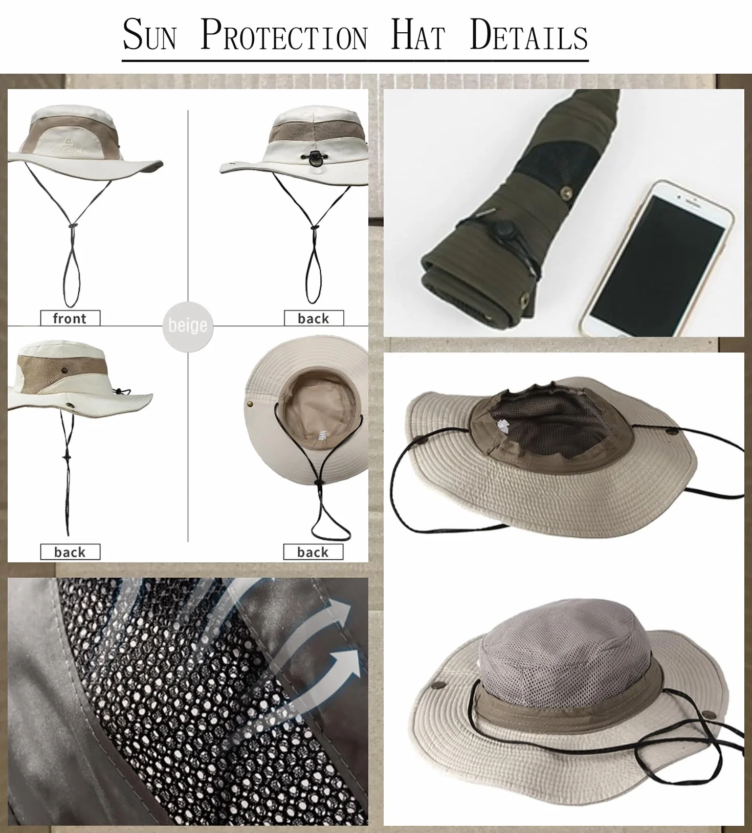 Chapeau de Soleil Hommes Protection UV UPF 50+ Coton Safari Boonie Pliable pour Plage Randonnée