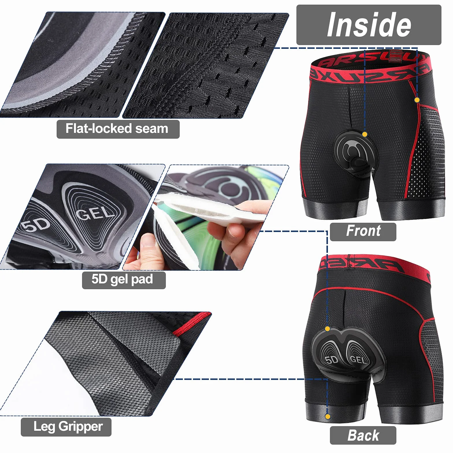 ARSUXEO Short de Cyclisme Homme 5D Gel Padded MTB Underhorts U06