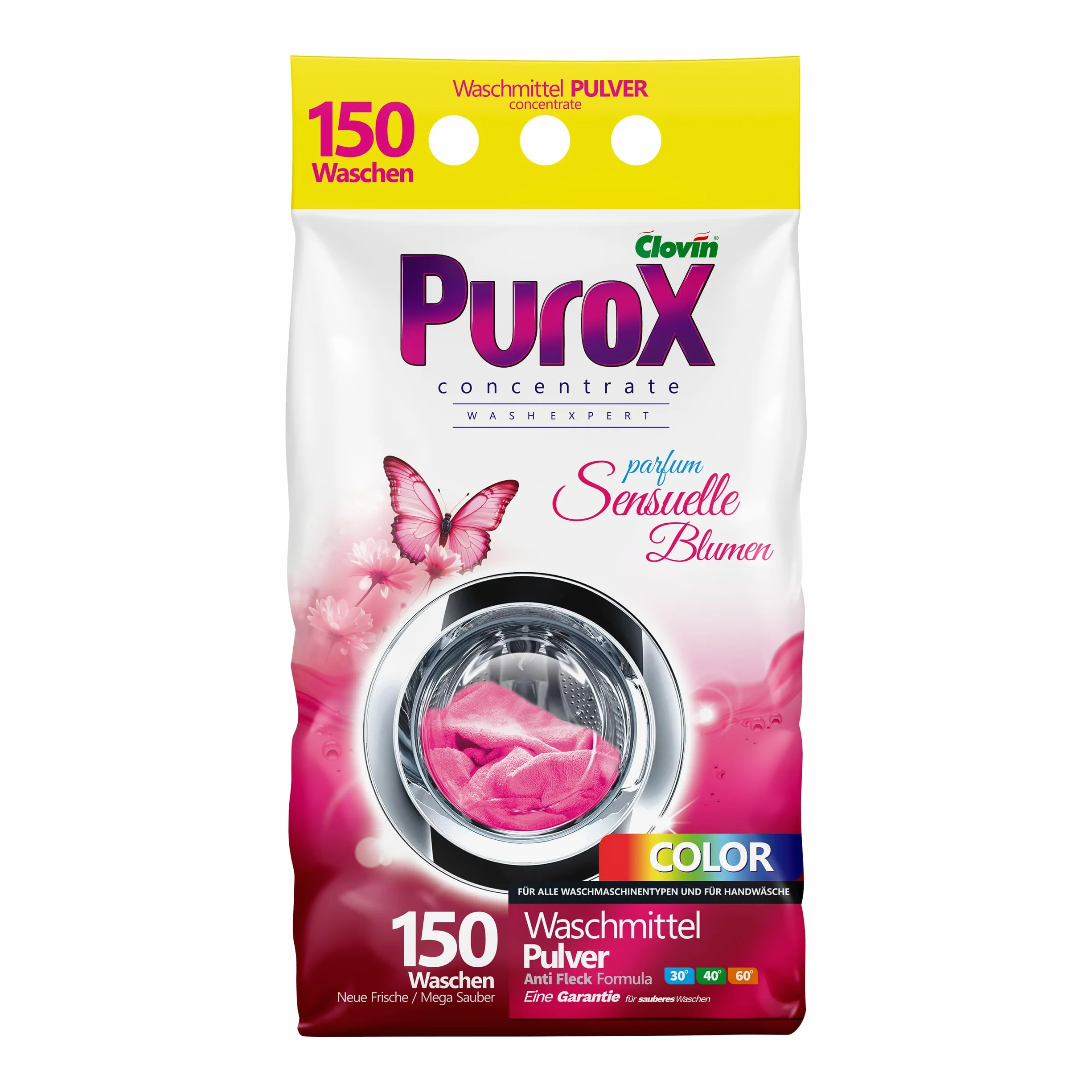 PUROX Color Lessive Poudre Fleurs - 10,5 kg 150 Lavages Anti-Taches