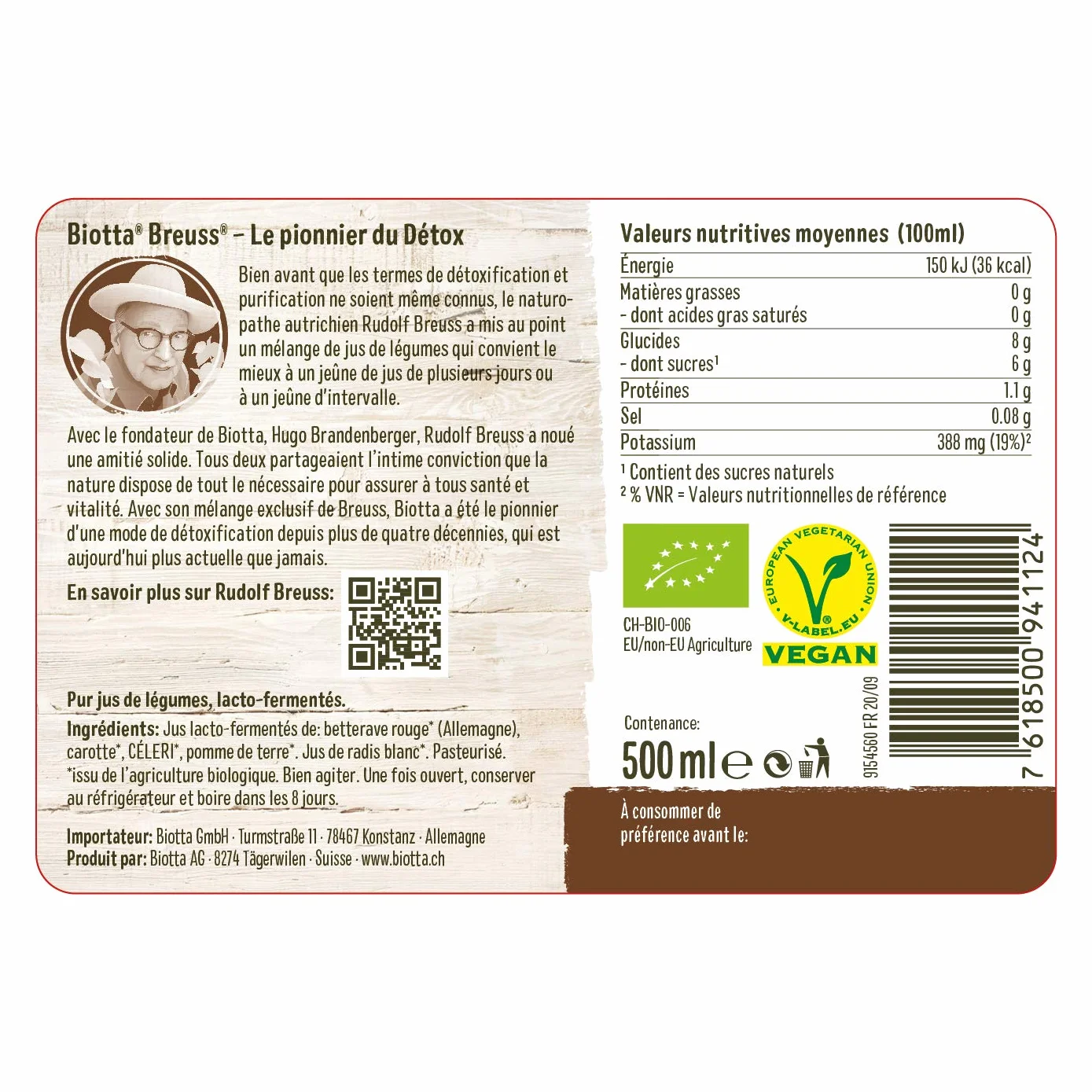 BIOTTA - Jus Breuss Original Détox - Mélange harmonieux de précieux jus de légumes 100% bio - Riche en potassium - 500ml - Fabrication Suisse - Lot de 3
