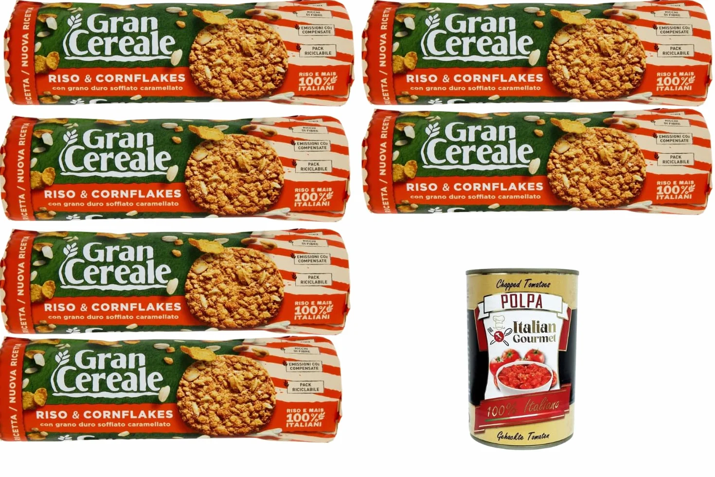 Italian Gourmet Lot 6x Gran Cereale Biscuits Riso & Cornflakes 230g – Biscuits Céréales Croquants au Riz & Maïs, Idéal Petit-Déjeuner & Snack, Goût Caramélisé, Format Familial + Italian Gourmet Polpa