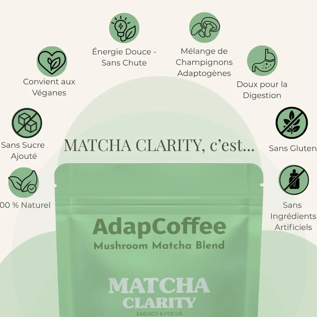 Matcha Clarity – Thé Matcha Cérémonial aux Champignons Adaptogènes – Lion’s Mane, Reishi & Maitake – Énergie Naturelle & Concentration – Vegan, Sans Sucre Ajouté – 25 tasses (100g)