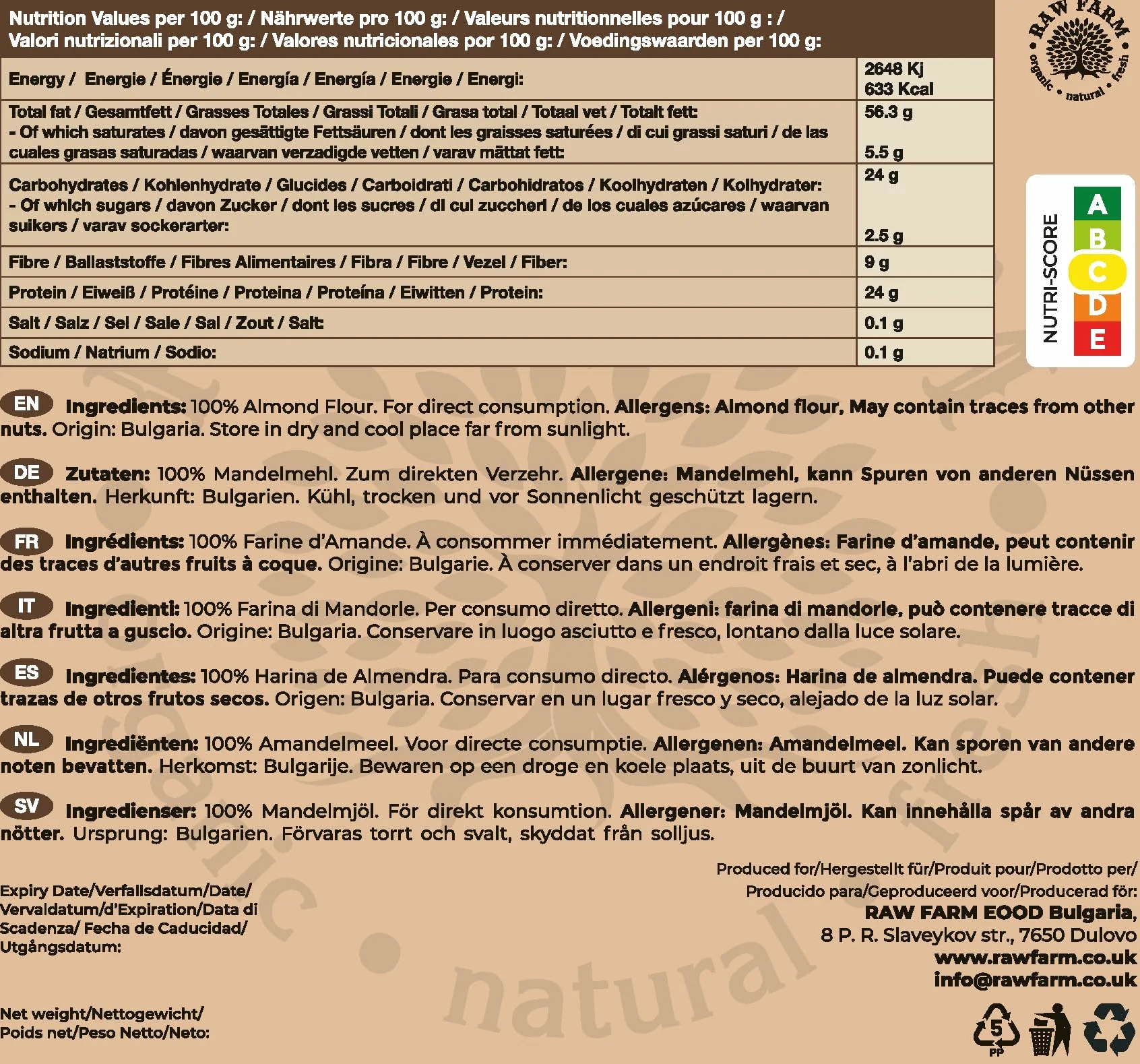 Raw Farm – Farine d’amandes 1 kg, finement moulue à partir d’amandes blanchies, sans gluten, compatible keto, idéale pour la pâtisserie, la cuisine et les recettes saines