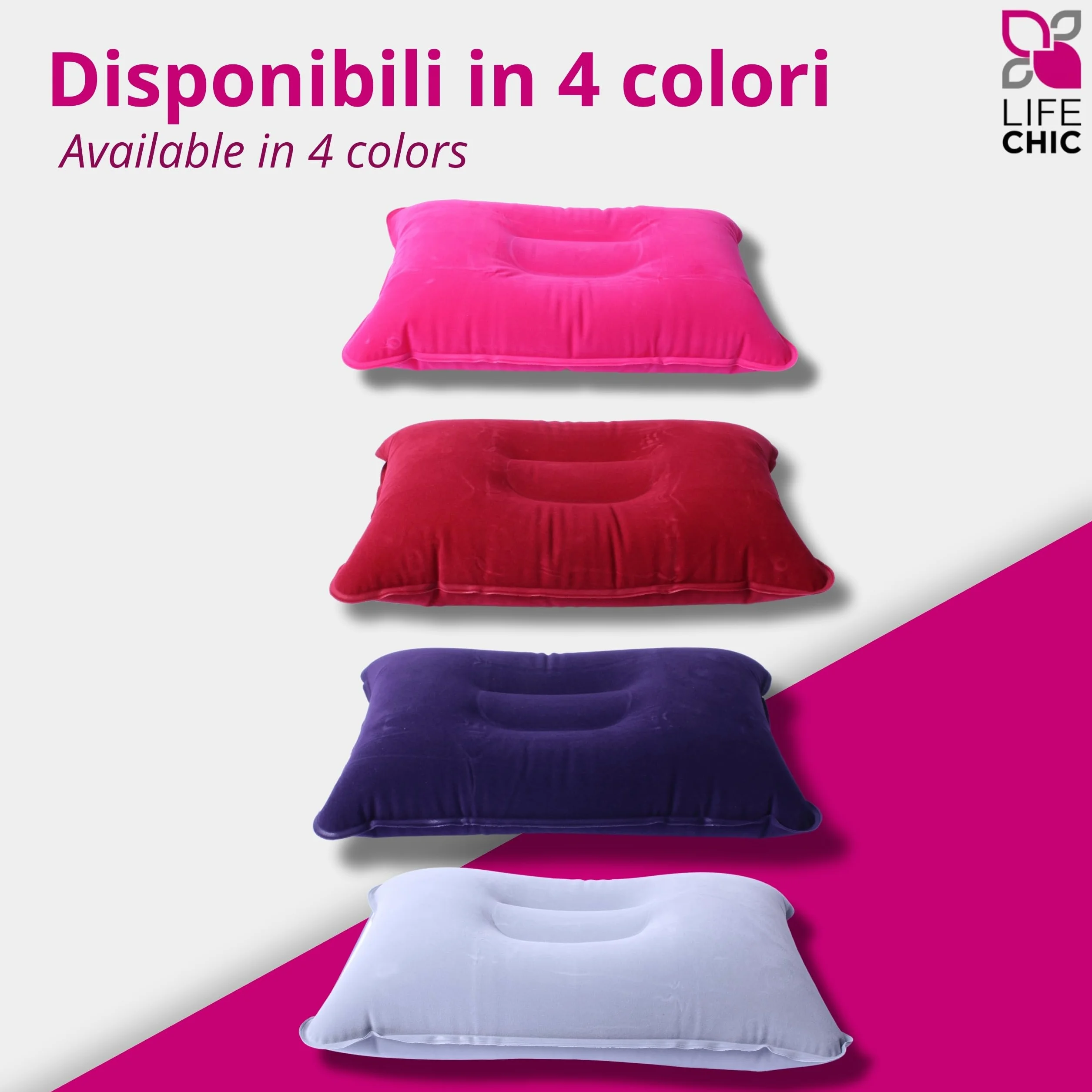 Coussin de Voyage Gonflable 38 x 24 cm Fuchsia Confort Soutien Cou Avion Voiture Train