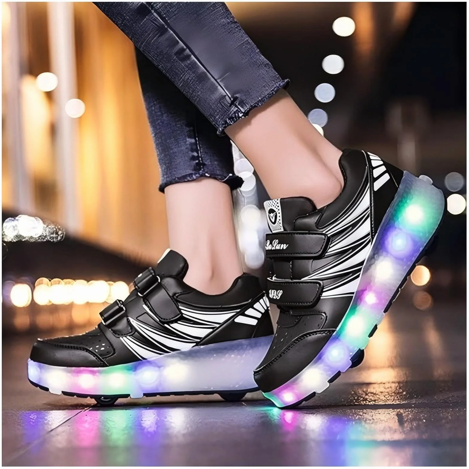 Enfant Chaussures LED Lumineux Baskets USB Rechargeable Double Roue Skateboard