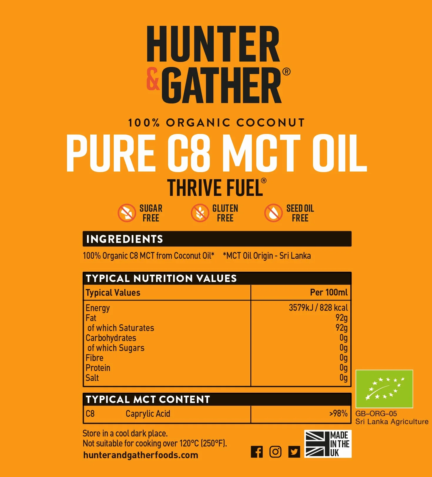 Hunter & Gather Pur C8 MCT Huile 500ml | Triple Distillation À La Vapeur De Noix De Coco | Céto, Faible Teneur En Glucides Et Paléo | Sans Sucre Et Sans Gluten