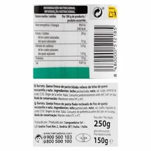 Burrata fraîche Hacendado Tarrina 250 g (150 g essorée) Lot de 2