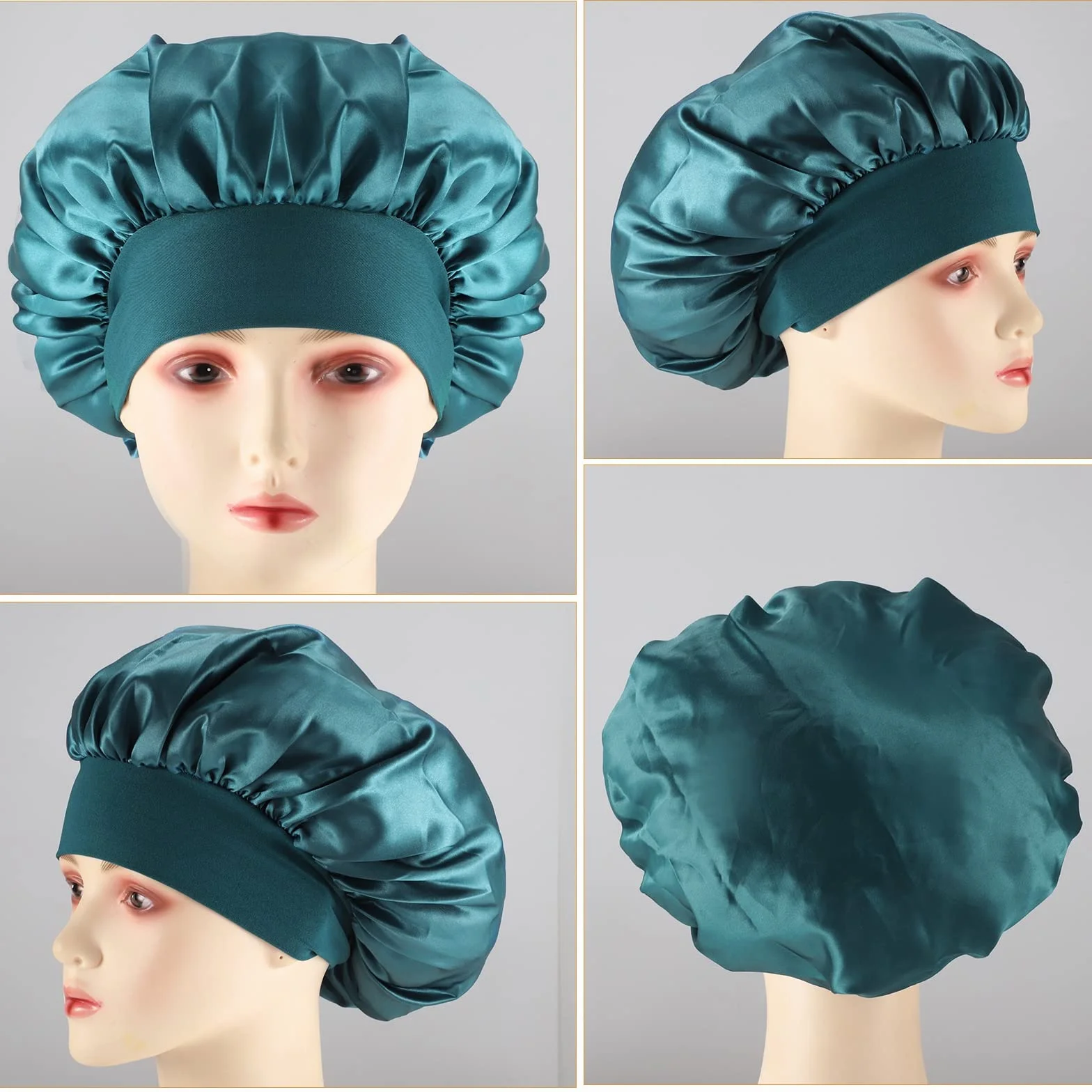 Bonnet Satin Cheveux Nuit pour Femme Élastique Soin des Cheveux 4 Pcs Noir Cyan Café Vin Rouge