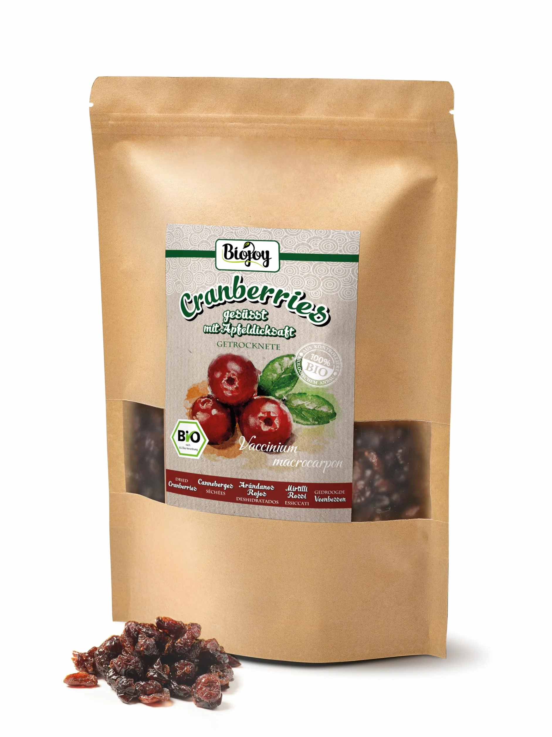 Biojoy Cranberry séchée BIO (1 kg), Cranberries sucrées au Concentré de Jus de Pomme