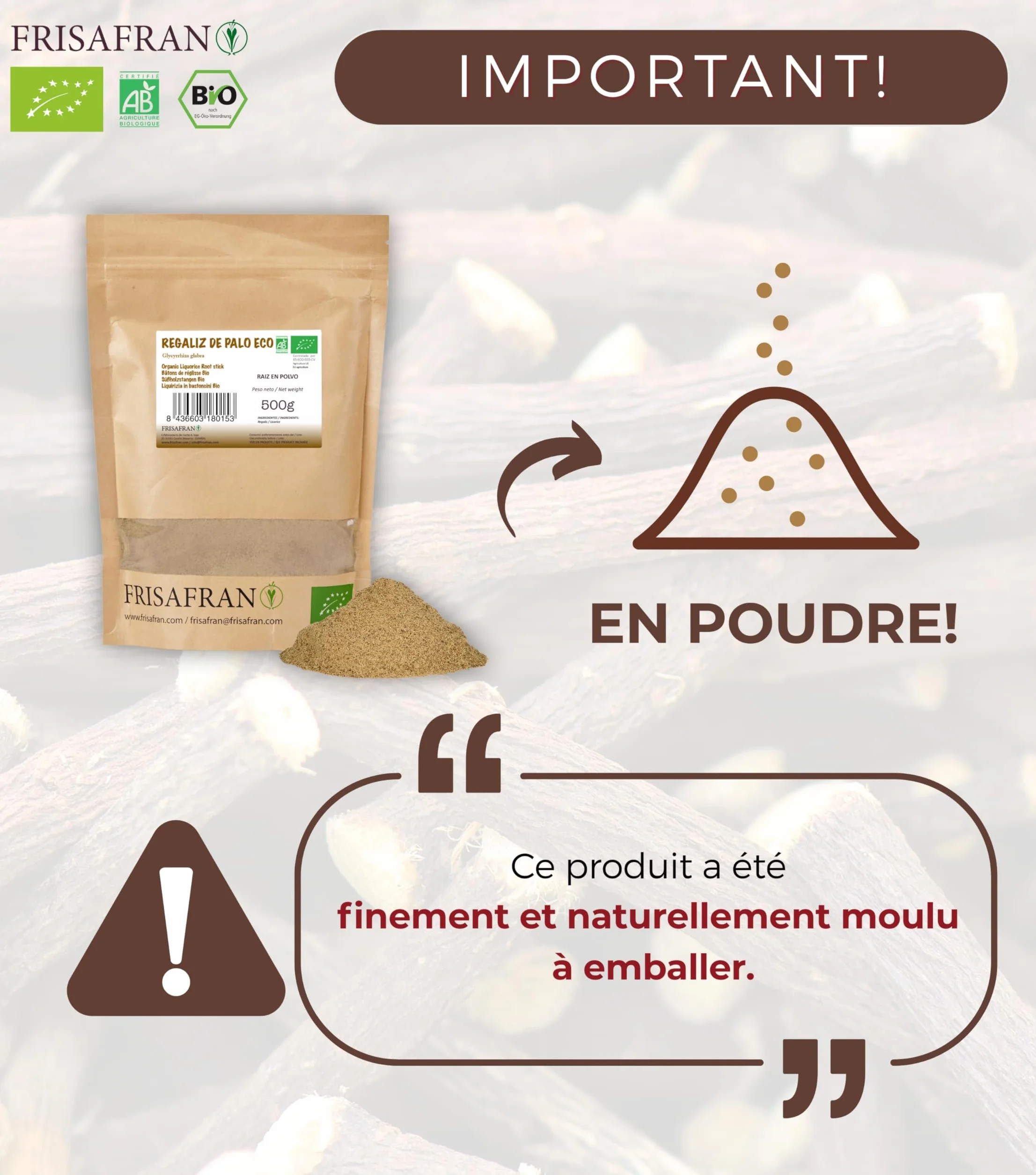 Bâton de Réglisse POUDRE 500g Biologique Cultivé Navarre