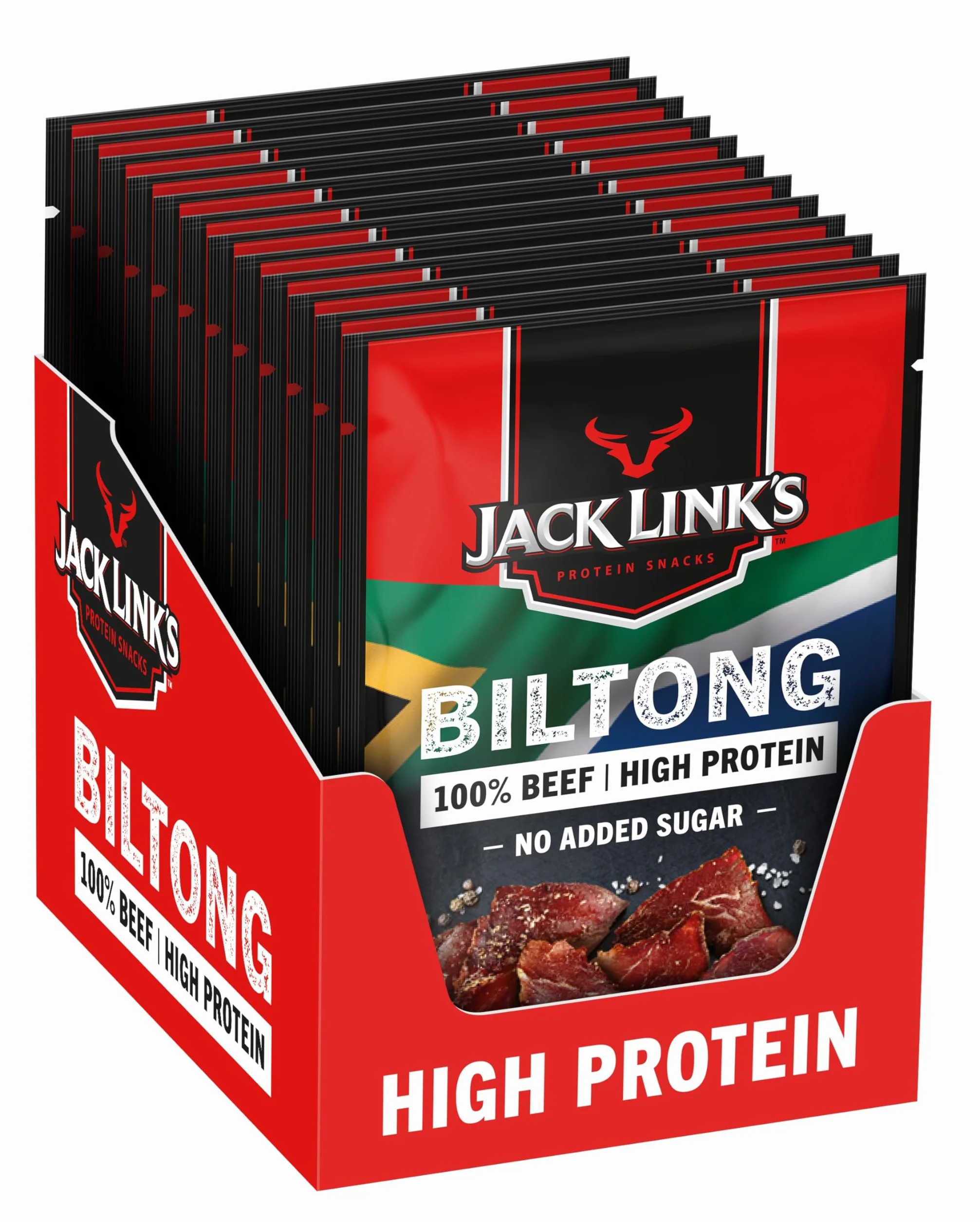 Jack Link’s Biltong Jerky Original - Pack de 12 (12 x 20 g) - Snack de viande sans gluten - Viande séchée riche en protéines pour le sport - Snack protéiné pauvre en calories - Chips de bœuf