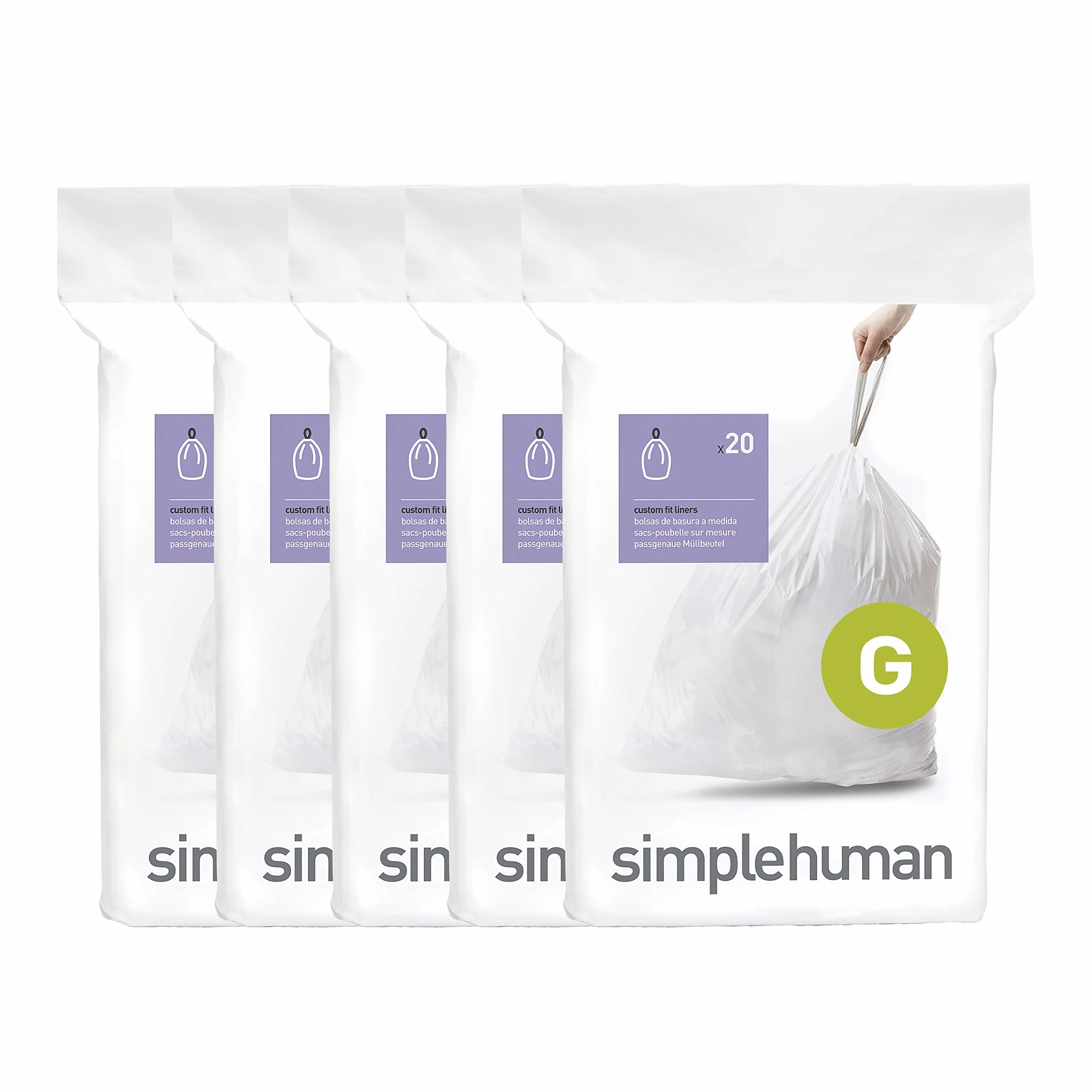 simplehuman Code G sacs poubelle sur mesure, 5 x paquet de 20 (100 sacs), plastique blanc