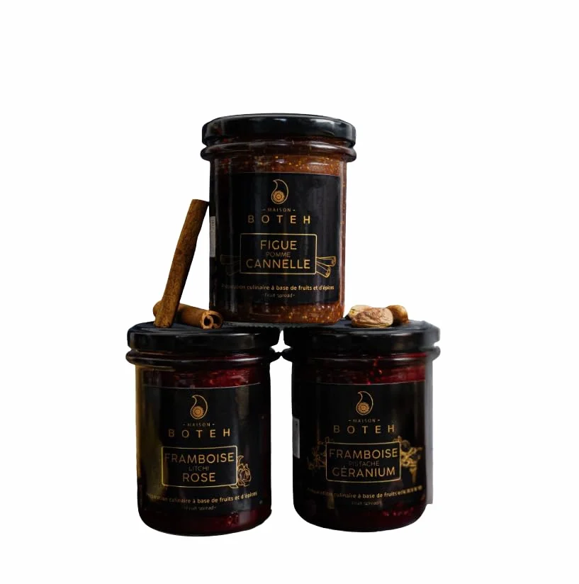 Maison Boteh Coffret Brunch, 3 Confitures Artisanales, 230g par Pot, Framboise Litchi Rose, Framboise Géranium Pistache, Figue Pomme Cannelle