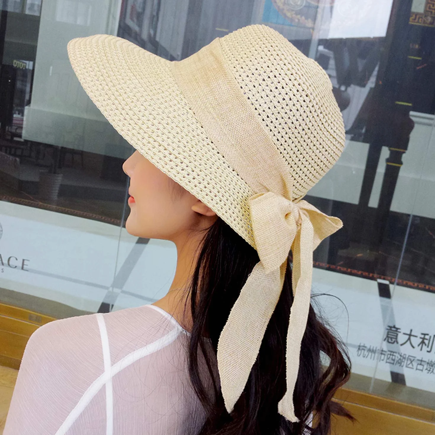Chapeau Melon Femme Nœud Papillon Capeline Paille Anti-UV Plage Été