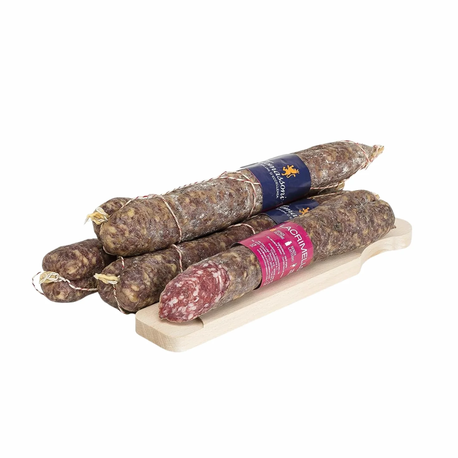 Tomassoni Salami Lacrimello Italien au Vin Lacrima di Morro D'Alba, Salame con Vino, sans gluten et sans lactose, produit artisanal, spécialités gastronomiques, emballé sous vide entier 700g