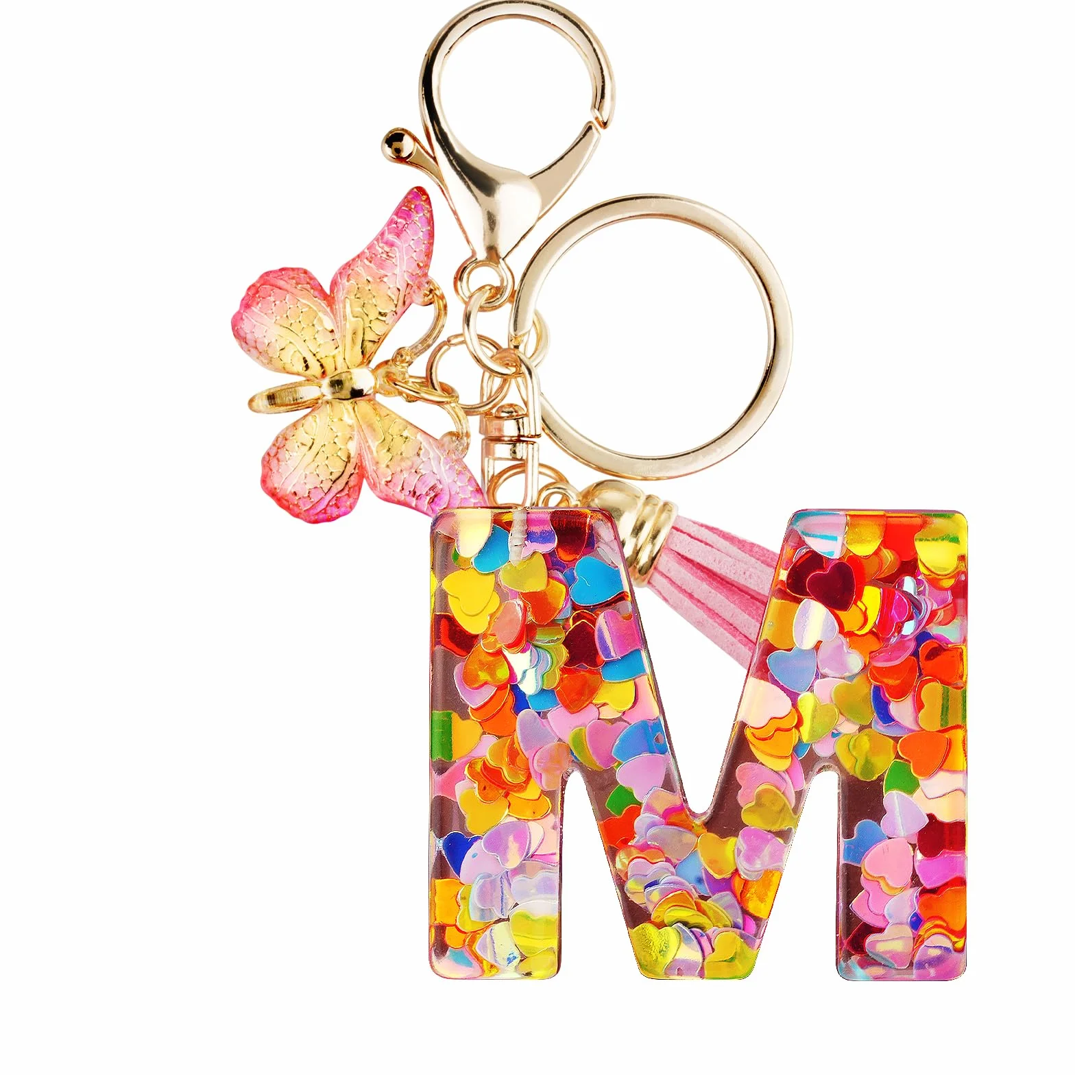 Porte-clés avec Initiales en Résine pour Filles et Femmes, Pendentif Papillon et Pampille