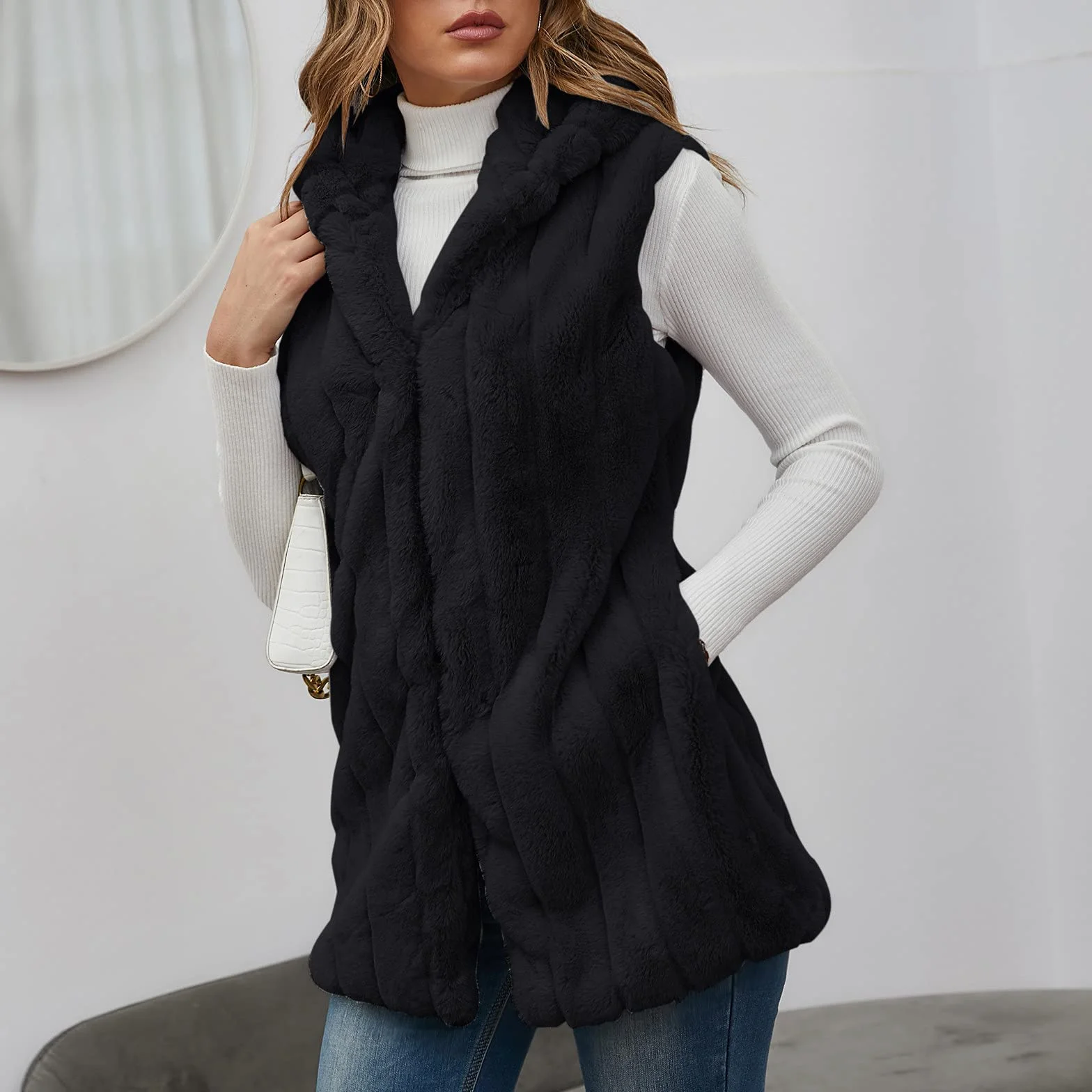 Gilet femme fausse fourrure polaire mi-long sans manches avec poches