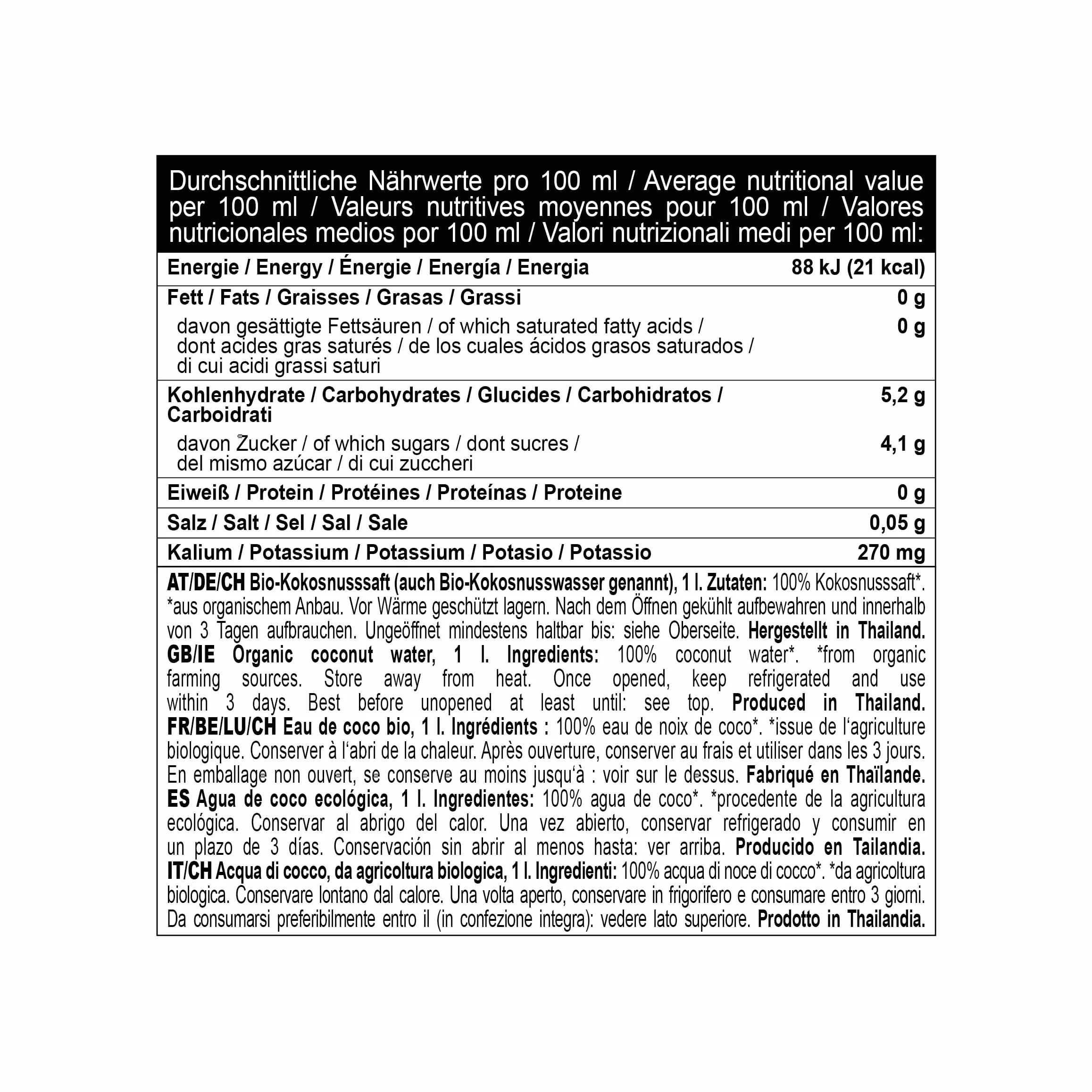 Thai Coco 100% eau de coco bio – Rafraîchissement naturel de Thaïlande – Certifiée biologique, sans sucre, sans ajout de conservateurs, 6 x 1 L Tetra Pak – Goût frais de noix de coco biologiques