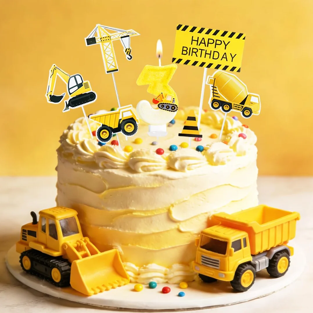 Bougie Anniversaire 3 Ans Construction, Bougies d'Anniversaire Chiffres 3,Véhicules Gateau Cake Topper pour Décorations de Fournitures de Fête d'Anniversaire Construction de Garçons
