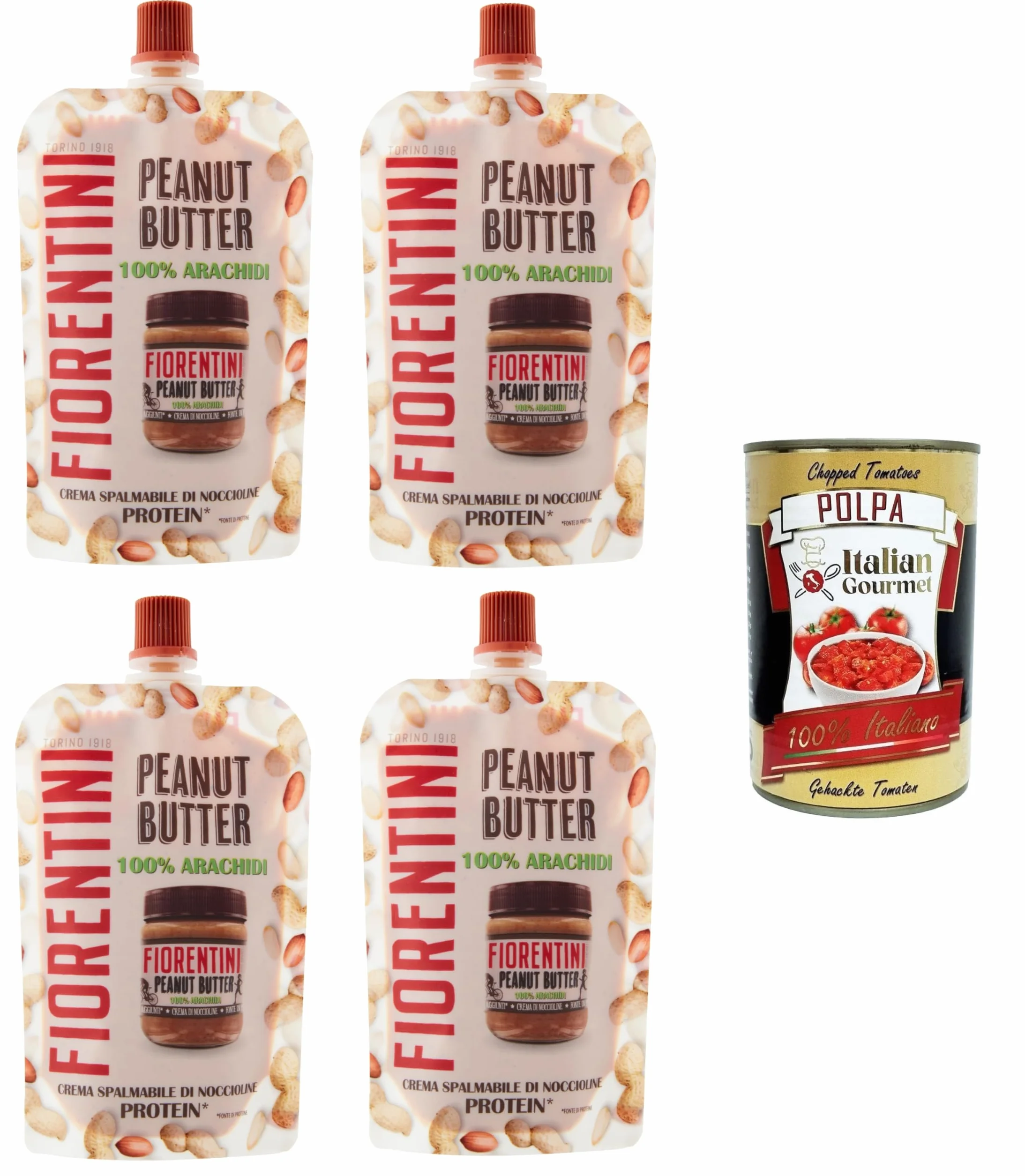 Fiorentini Lot de 4 sachets de beurre de cacahuète 100 % Arachidi dans pochette 4 x 100 g + Italian Gourmet Polpa 400 g