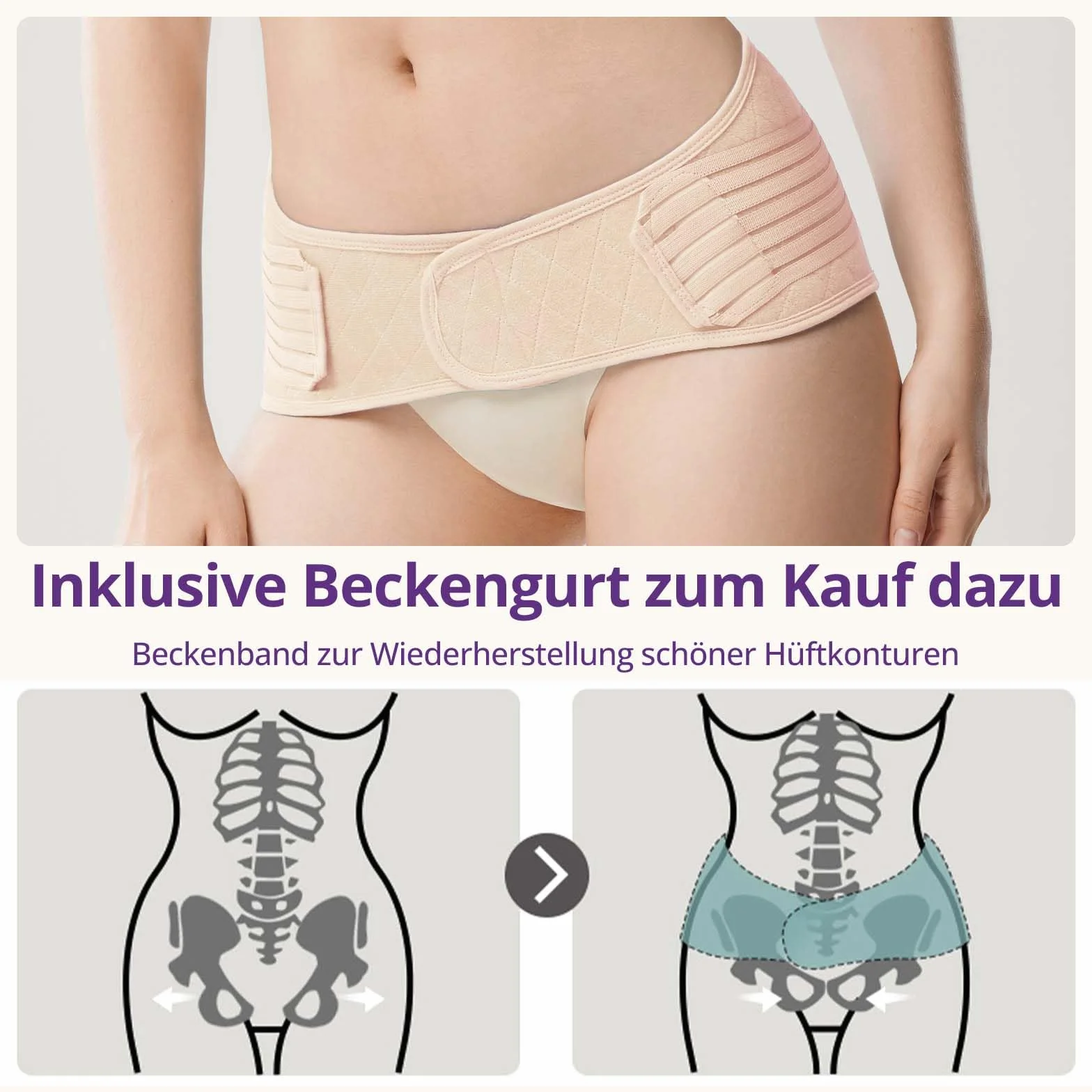 Ceinture de Grossesse Post-Partum avec Bande Pelvienne Ventre Plat Soutien Abdominal Réglable Accouchement Voie Basse Césarienne Beige XXL 70KG-80KG