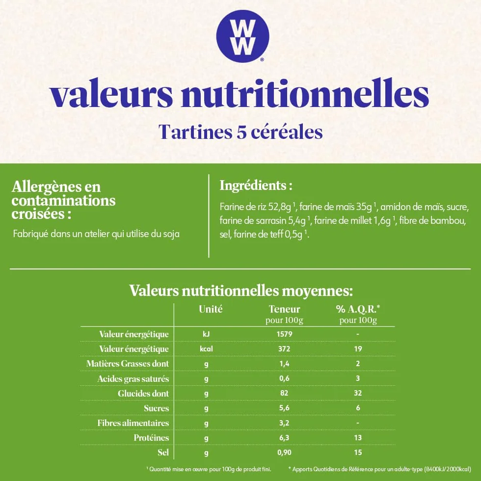 WW Tartines 5 Céréales, Faible teneur en matières grasses, Sans huile de Palme, 1 boîte, 125g, 220283