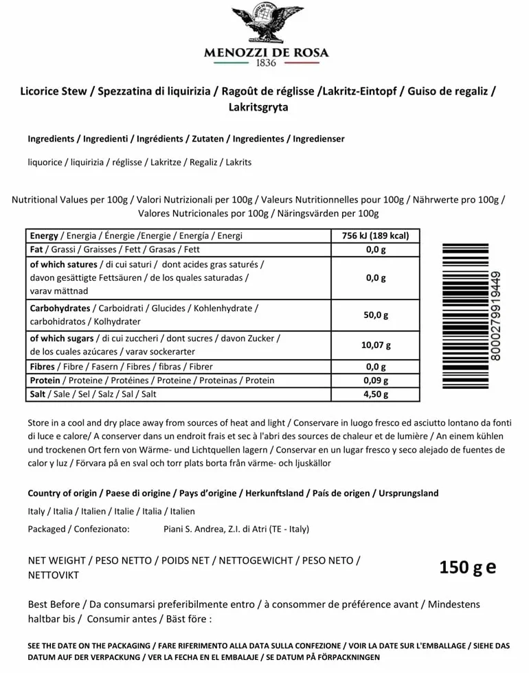 Menozzi De Rosa Pastilles au Réglisse Pure Italienne 150g