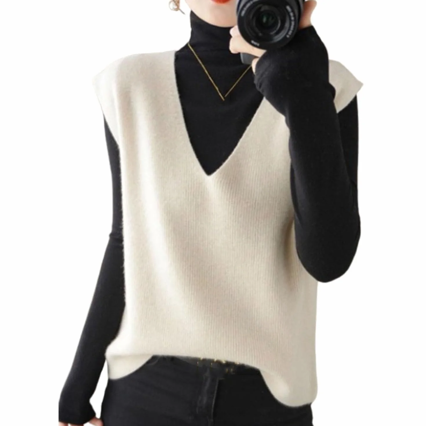 Pull sans Manches à col en V pour Femme en Cachemire tricoté Style coréen Beige L
