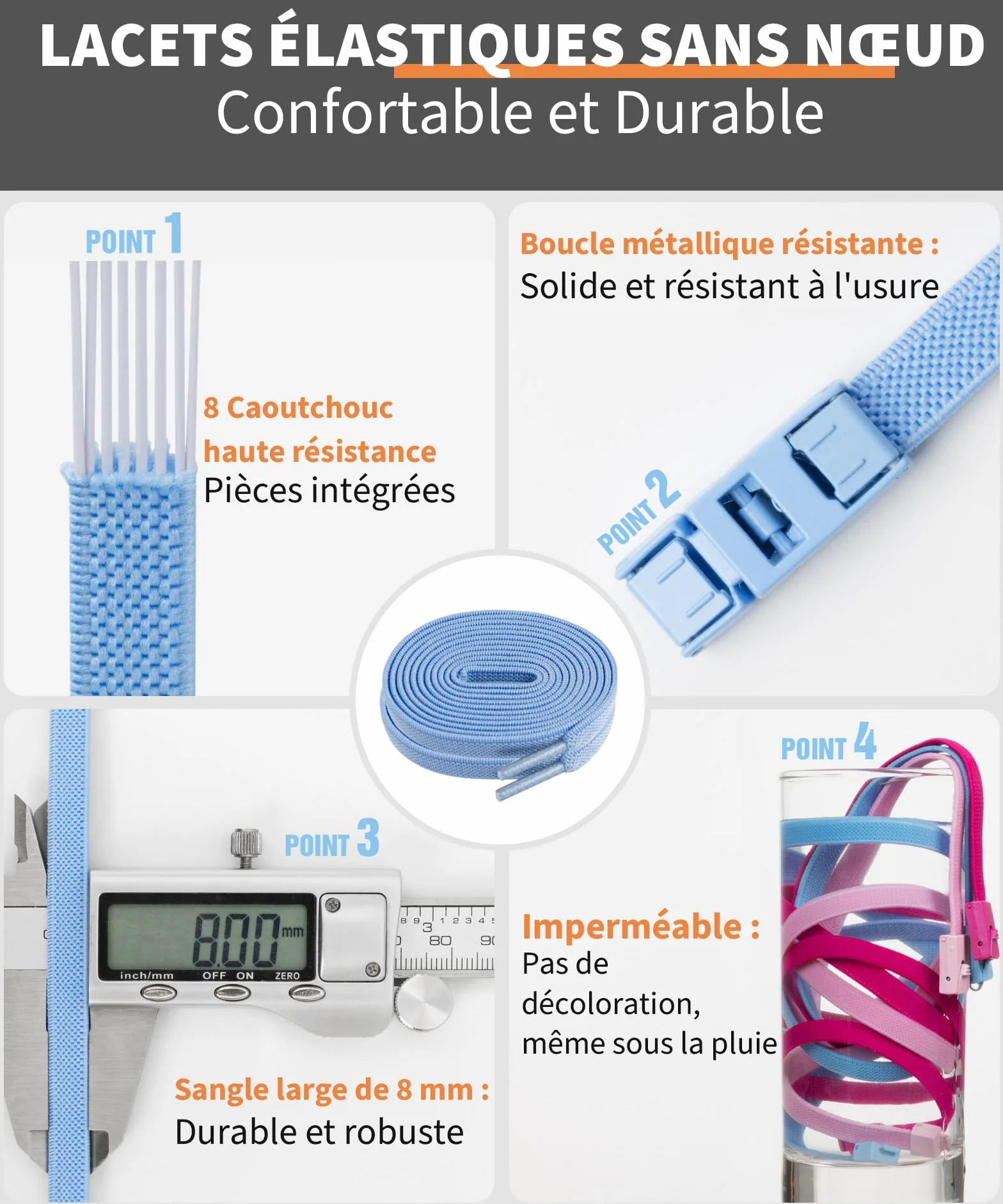 Lacets Élastiques 8mm Sans Laçage Stepace 2 Paires Enfants Adultes
