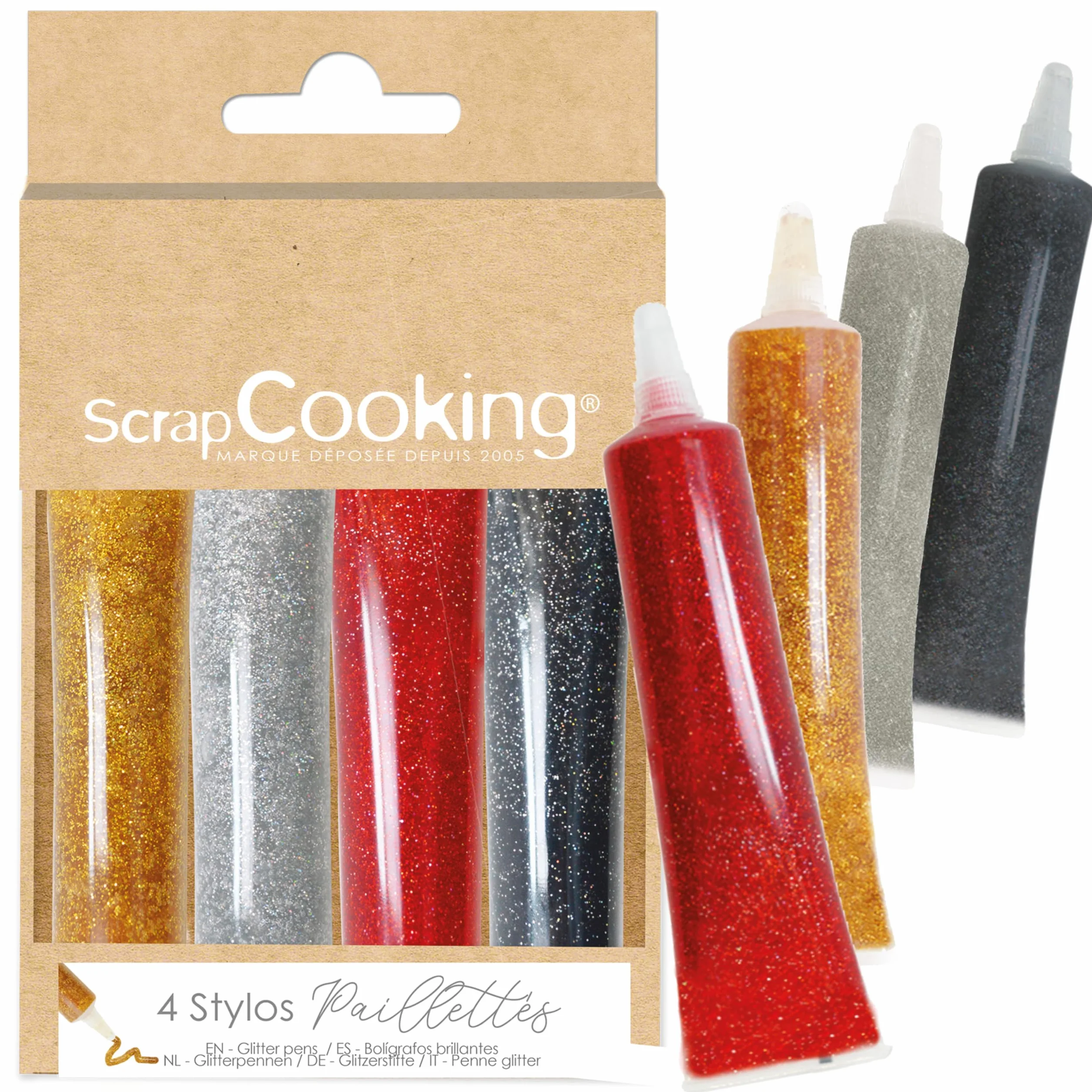 ScrapCooking - 4 Stylos Pailletés - Stylos Alimentaires Doré, Argenté, Rouge & Noir - Crayons Pâtisserie - Colorants Comestibles - Noël, Anniversaire - Écrire & Dessiner sur Gâteaux & Biscuits - 7073