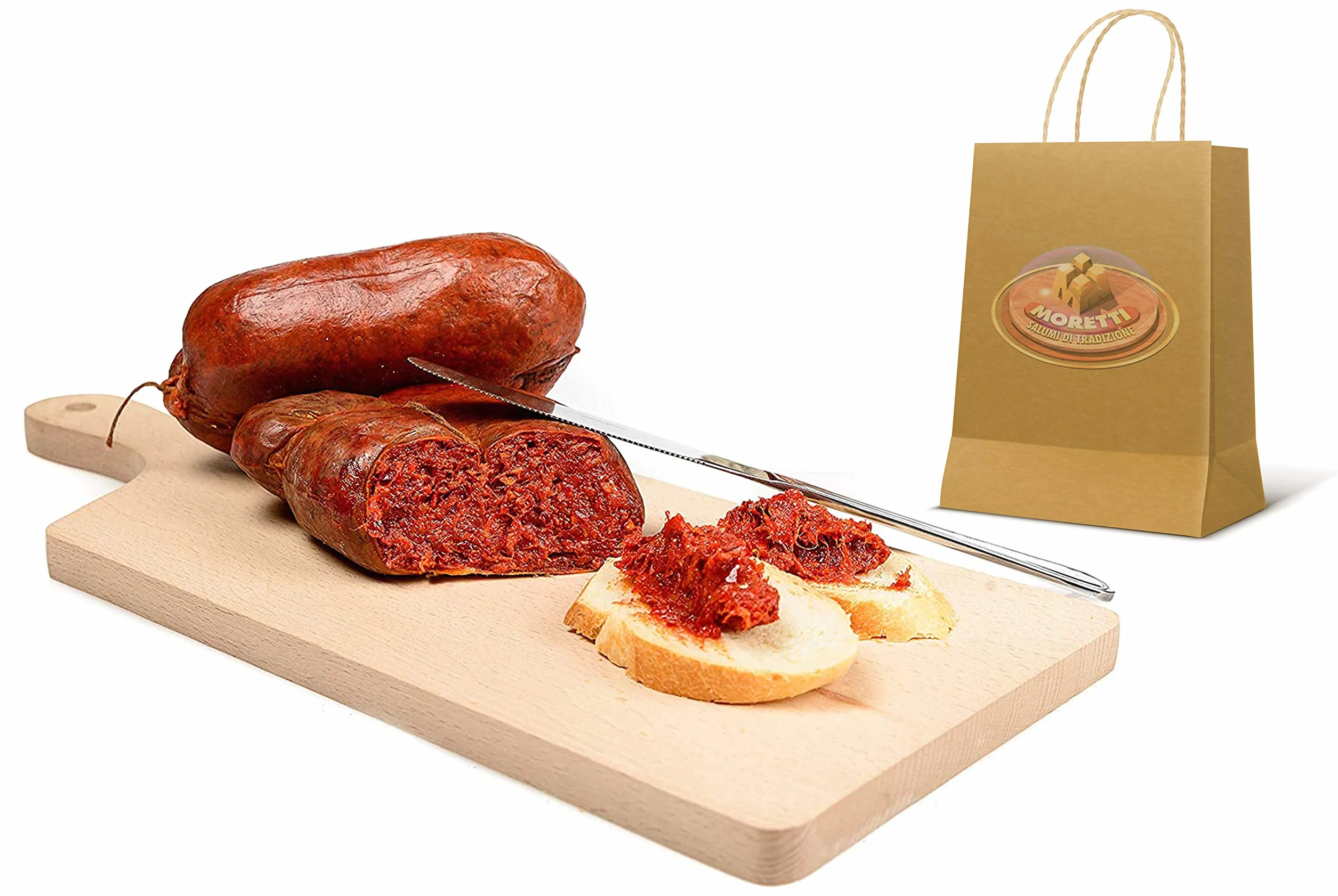 Moretti® Nduja calabraise de Spilinga | Artisanale Épiceé | Sans OGM | 100% NATUREL | 2 Pièces naturel | Saucisson de Pur Porc à Tartiner 800g+