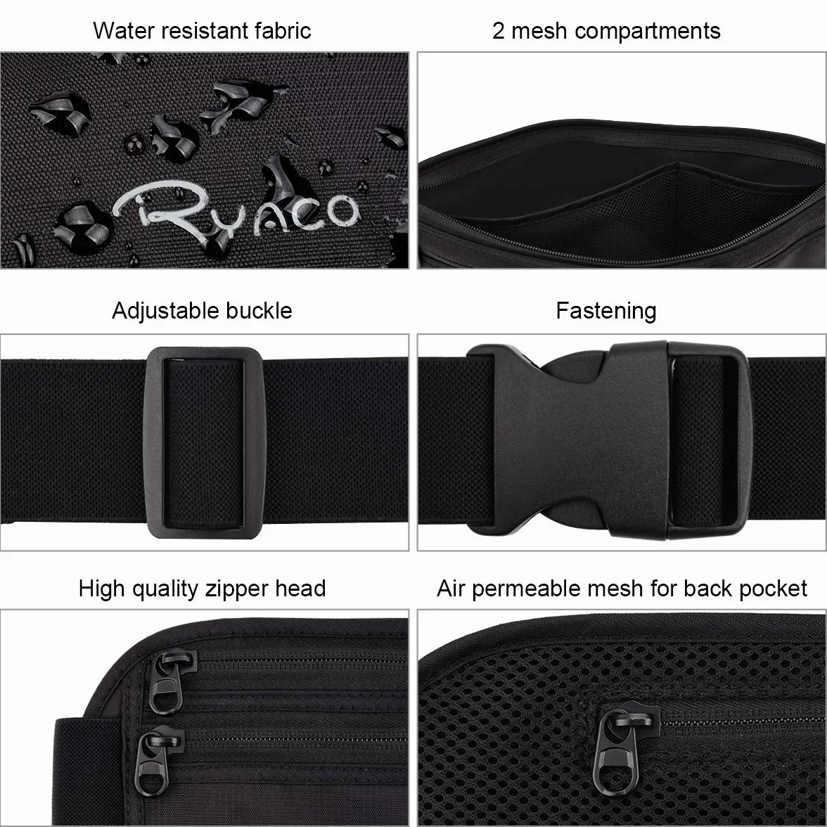 RYACO Ceinture d'argent Voyages Pochette sécurité cachée Cartes passeports RFID Noir