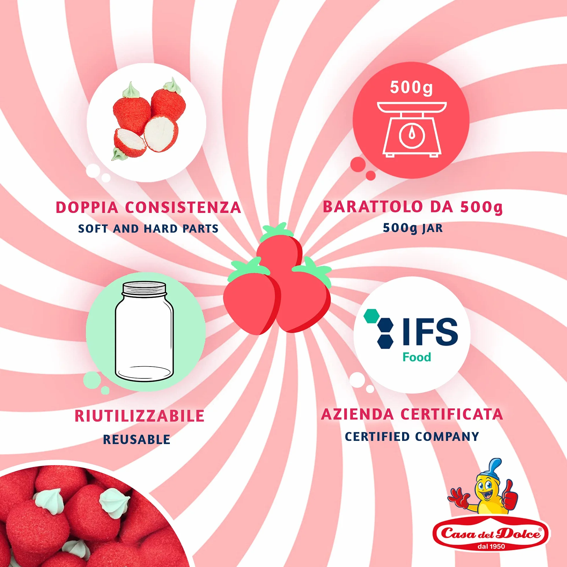 CASA DEL DOLCE Paquet XXL Fraises, Marshmallow à la forme et au Goût de Fraise 500 g, Doux et Délicieux, Made in Italy, Idées Cadeaux pour les Fêtes