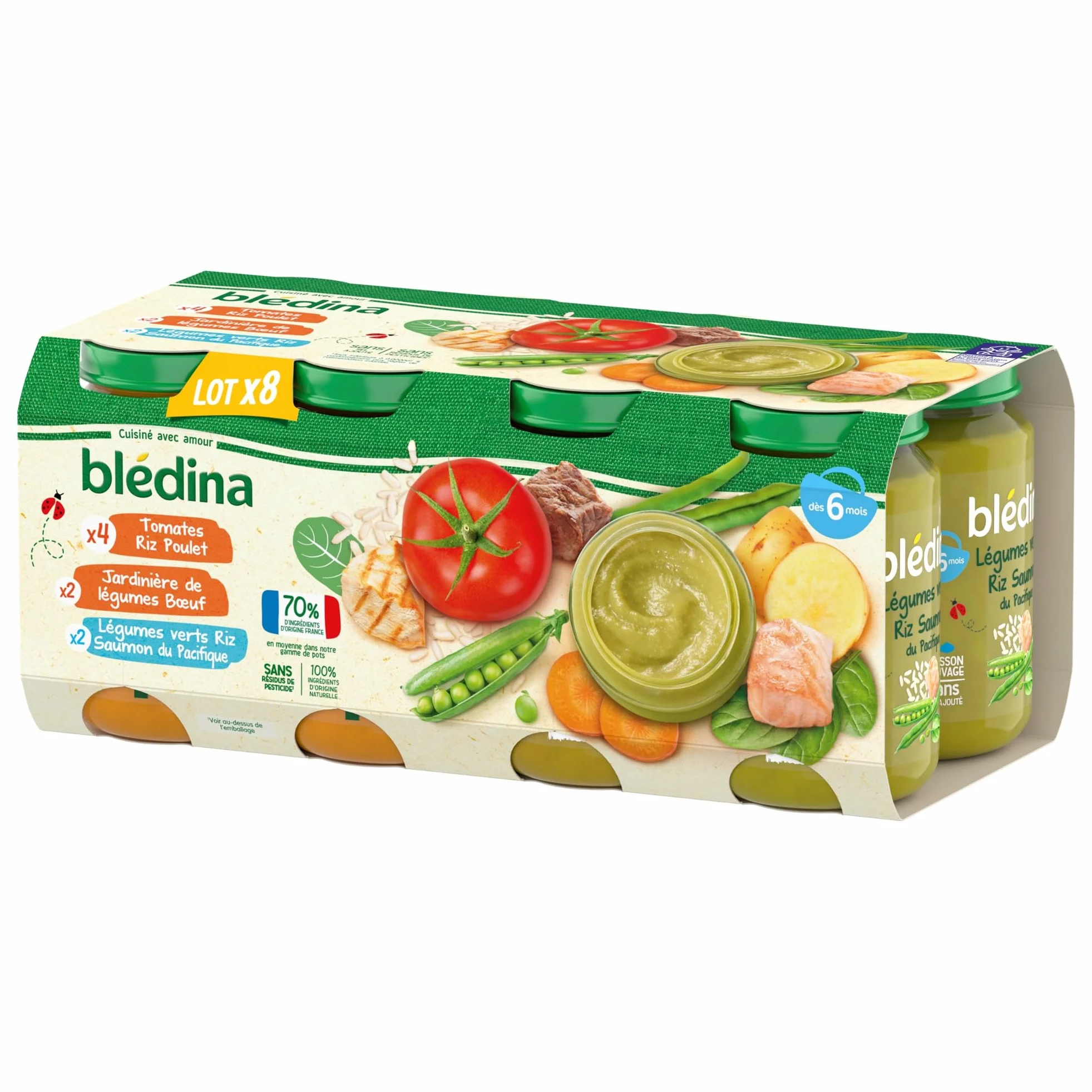 Blédina Petits Pots pour bébé, Dès 6 Mois, Tomates Riz Poulet / Légumes Bœuf / Légumes Riz Saumon, 200 g (Lot de 24)