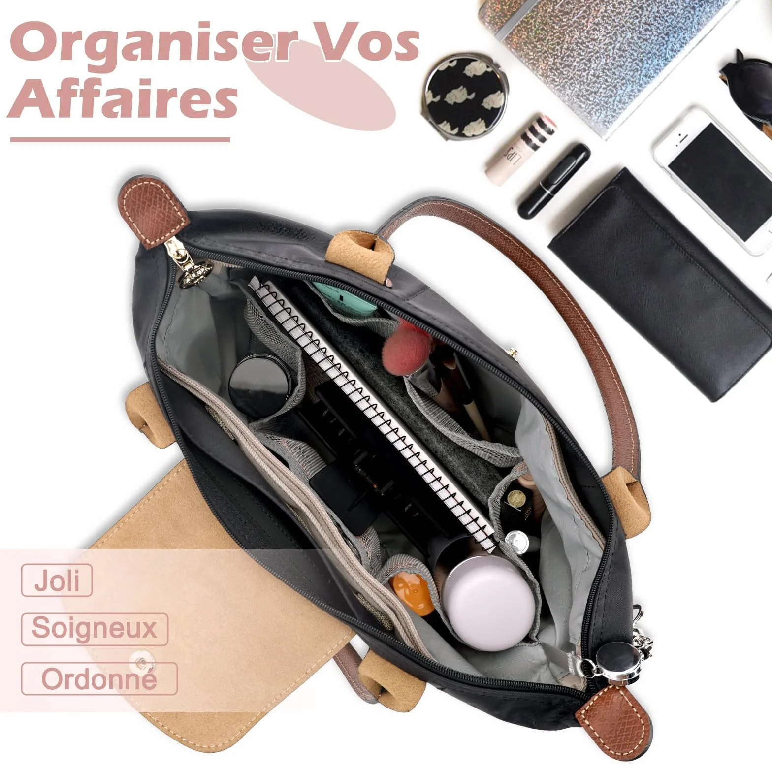 GADITIEK Organisateur Sac à Main Polyester avec Fermeture Multi Poches pour Longchamp Sac Pliage Femmes Beige L