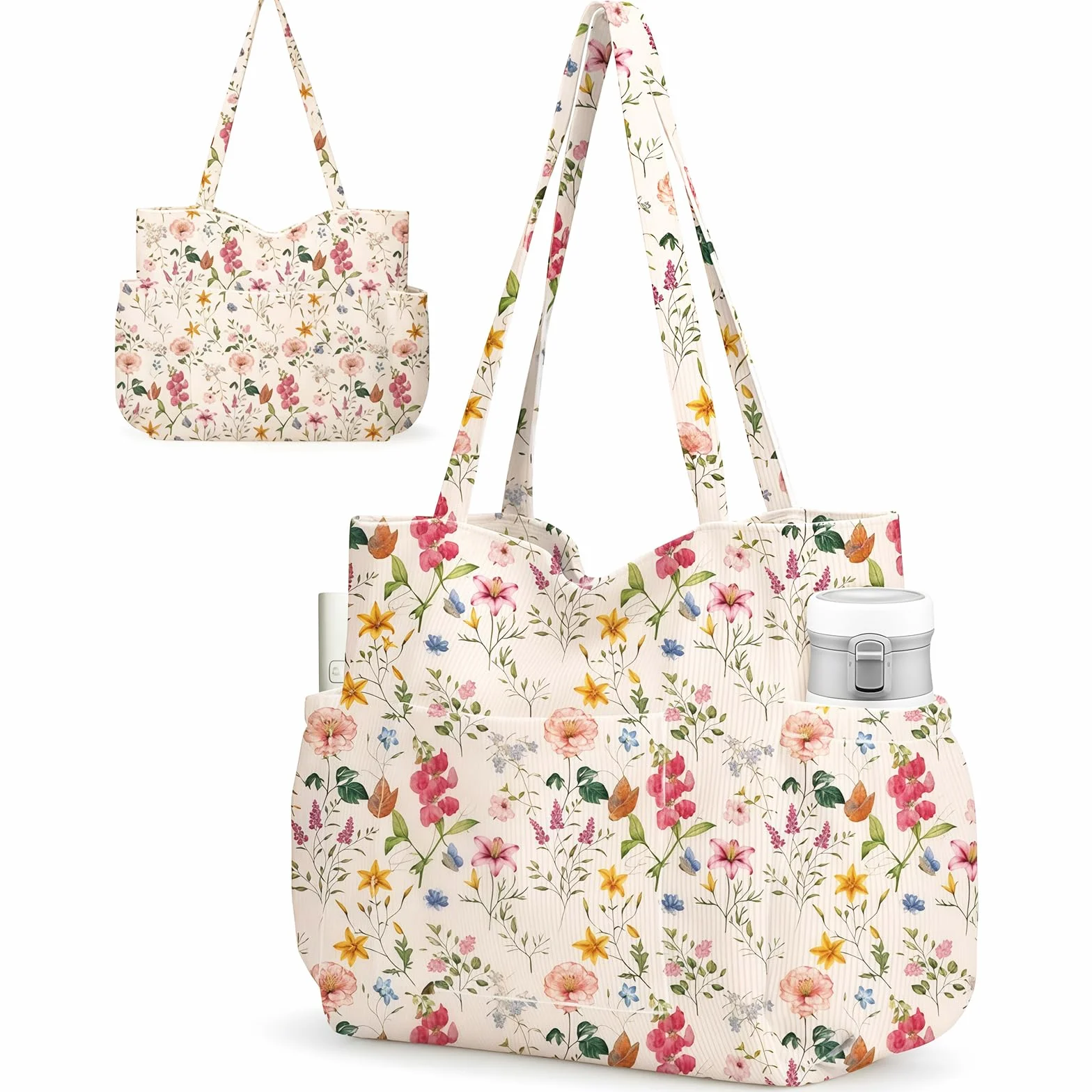 Grande Sac Shopping en Côtelé pour Femmes, Sac à Épaule en Toile Réutilisable avec Fermeture Éclair et Poches Multiples