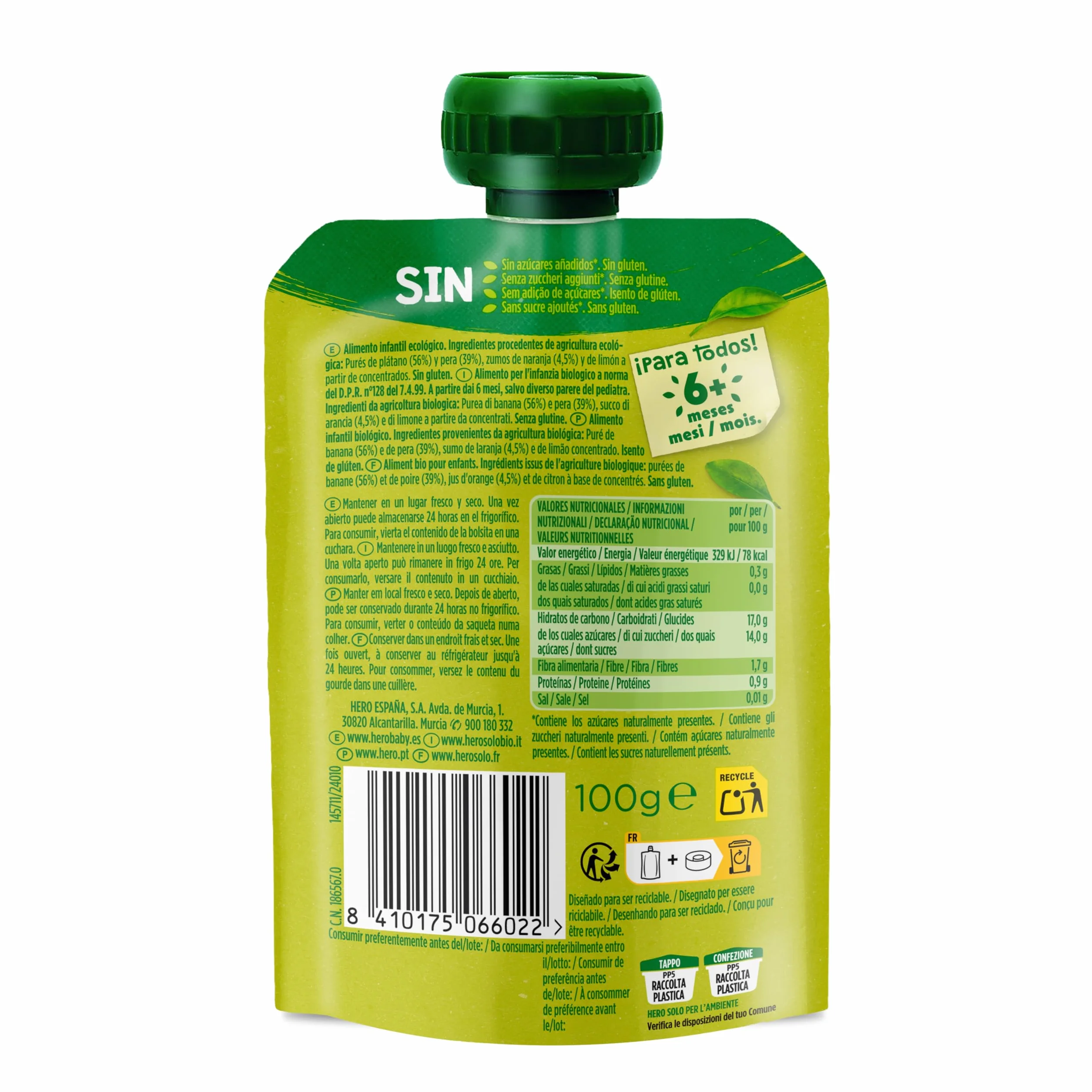 Hero Solo - Gourde Bio De Banane, Poire et Orange – Puree de Fruits BIO 100% Naturels, Compote Sans Sucre Ajouté, Sans Gluten - pour Bébés Dès 4 Mois - Lot de 18 X 100 g