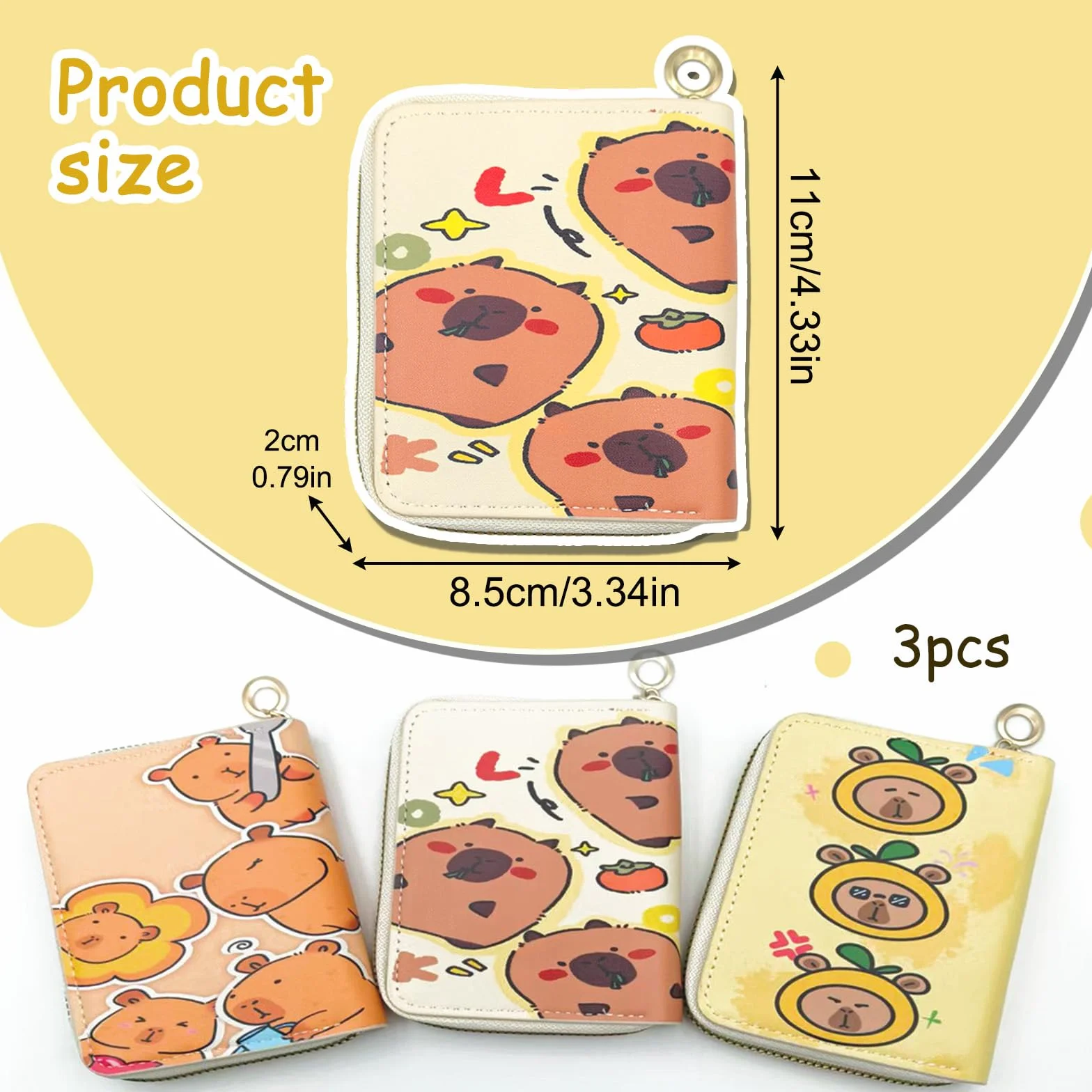 Porte Monnaie Enfant Capybara 3 Pièces Portefeuille Cuir PU avec Fermeture éclair