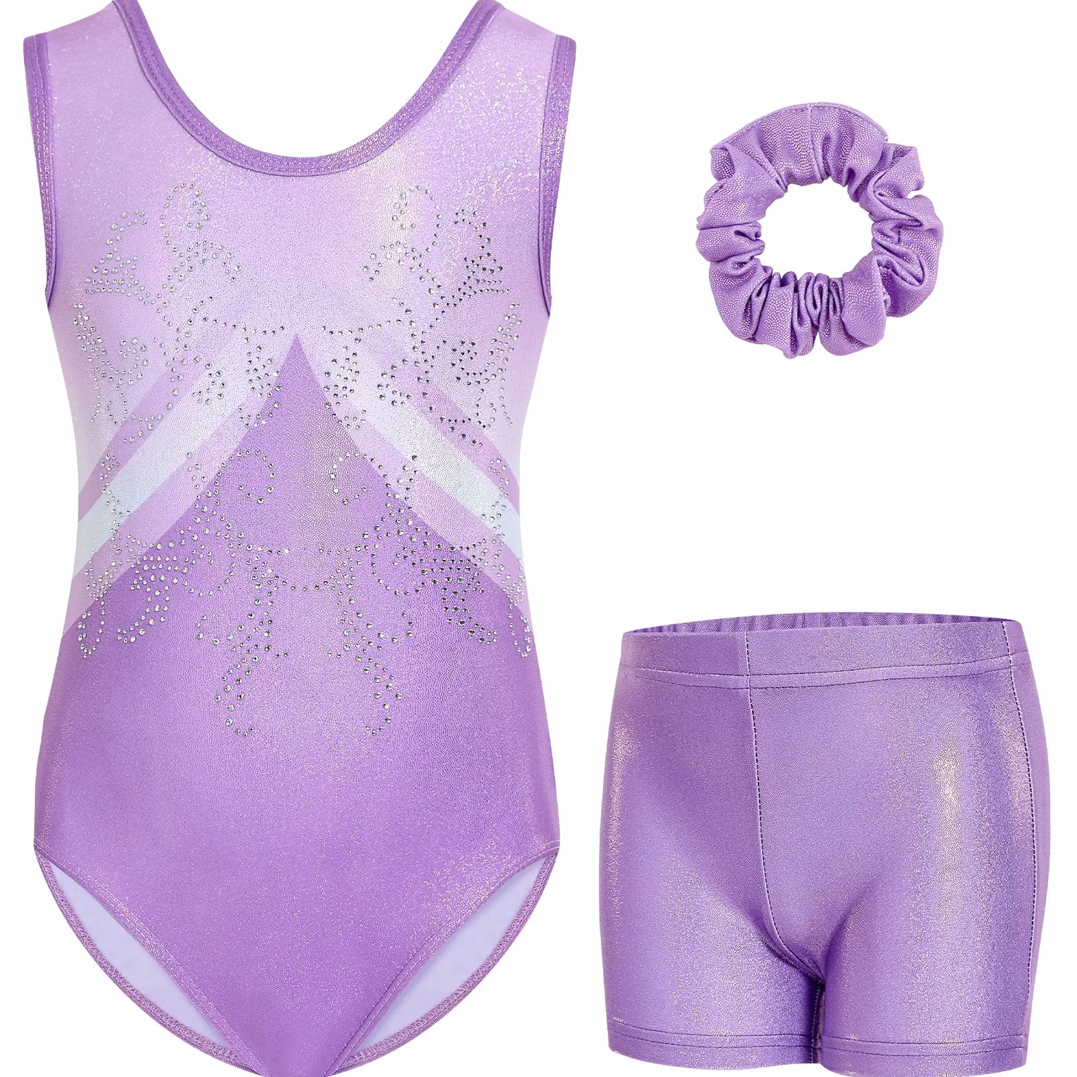 Gogokids Ensemble de Gymnastique Sans Manches 3 Pièces pour Filles avec Short Strass Design Croisé, Tenues Scintillantes Ballet 3-12 Ans
