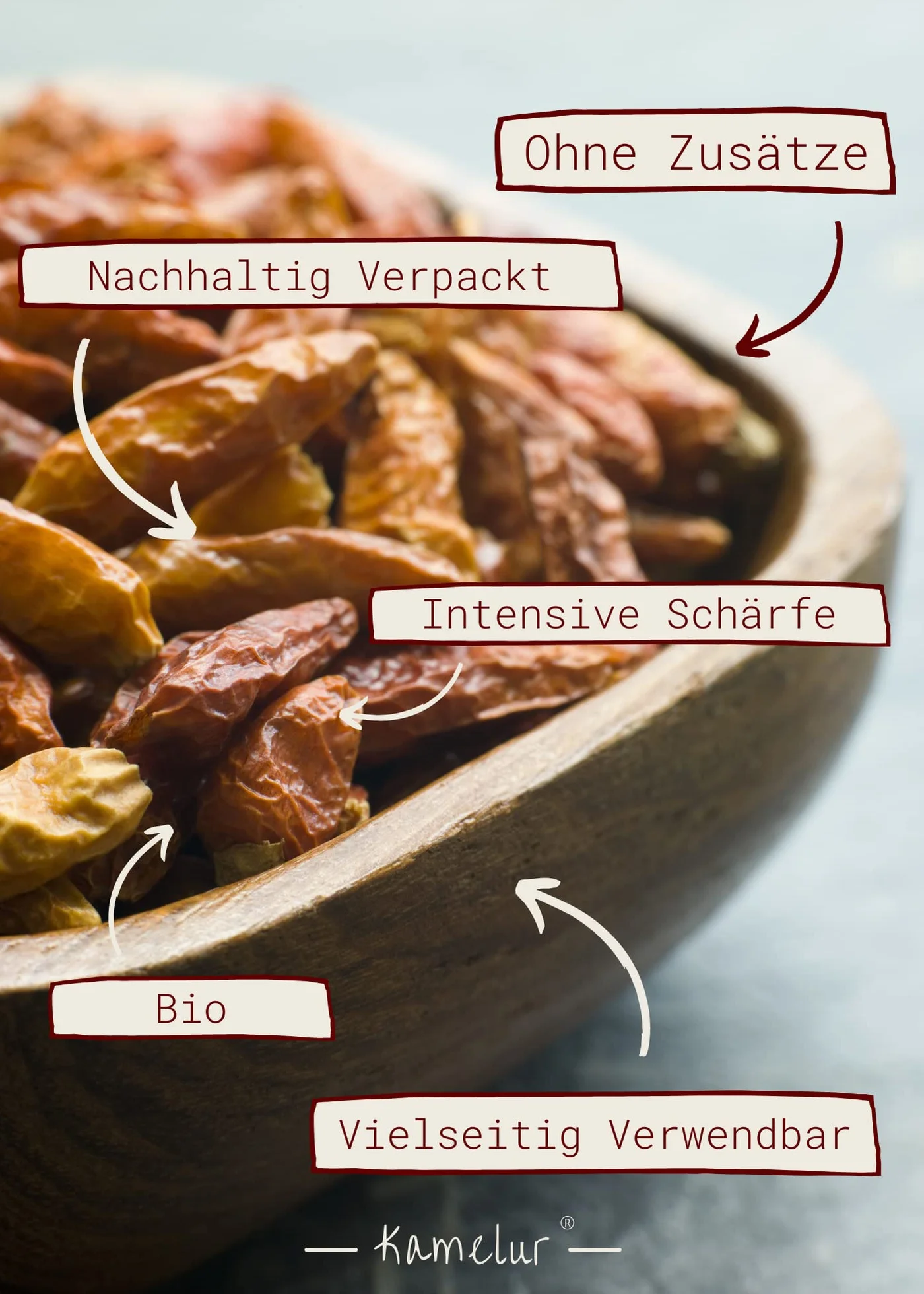 Kamelur gousses de piment bio 'Birds Eye' entières, doucement séchés, sans additifs, 120 000 Scoville, dans un emballage biodégradable 500 g (Lot de 1)