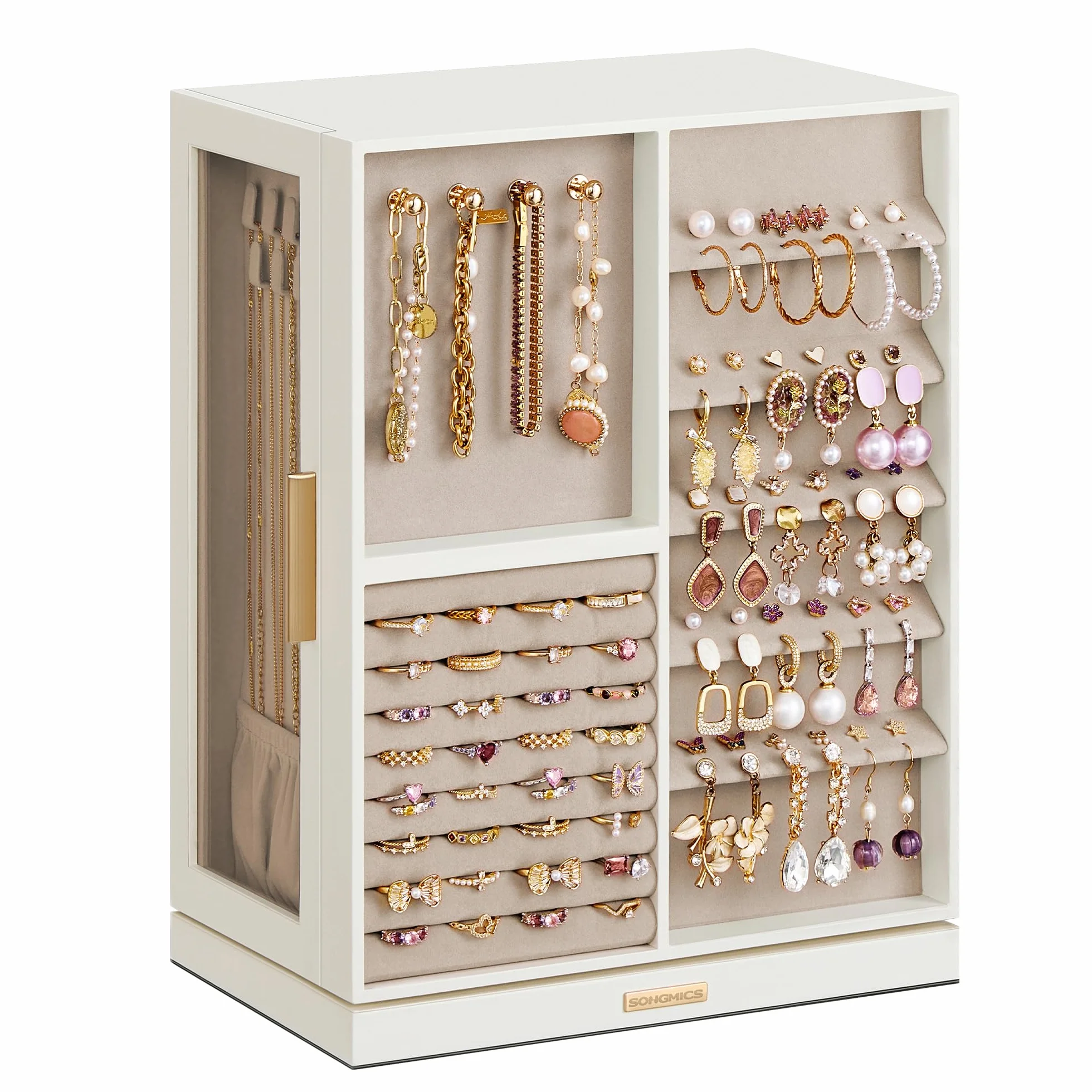SONGMICS GISELLA Boîte à Bijoux Rotative 360° Coffret 7 Tiroirs Fenêtres en Verre Latérales Grand Rangement Blanc Nuage JBC201W01