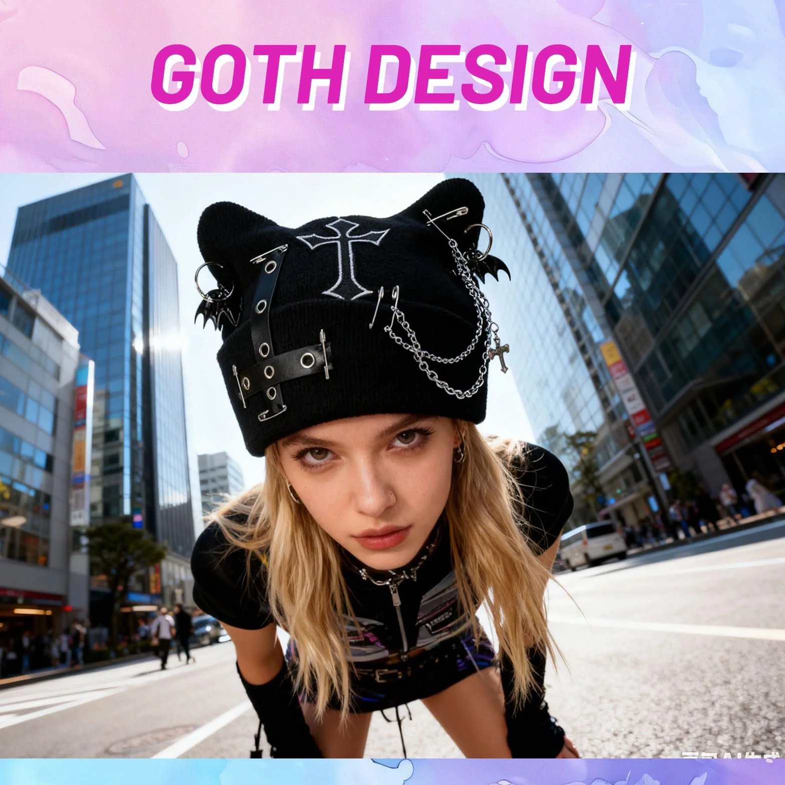 Goth Cat Beanie bonnet punk oreilles chat Y2K grunge tricoté streetwear chaîne femme festivals