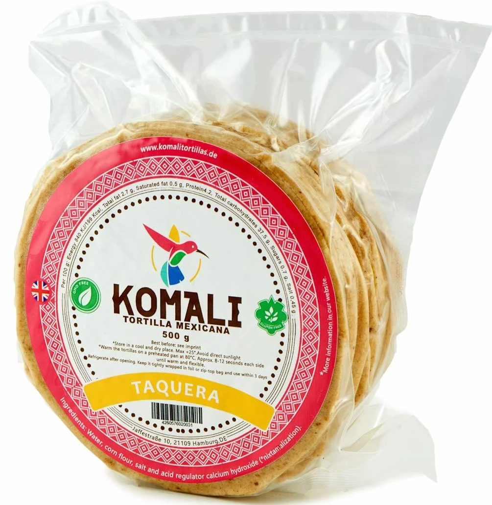 Tortilla faite de semoule de maïs Nixtamalized, diamètre 12cm, pays d'origine UE, paquet de 500g avec 25 unités - Tortilla KOMALI Taquera Amarilla, 500g