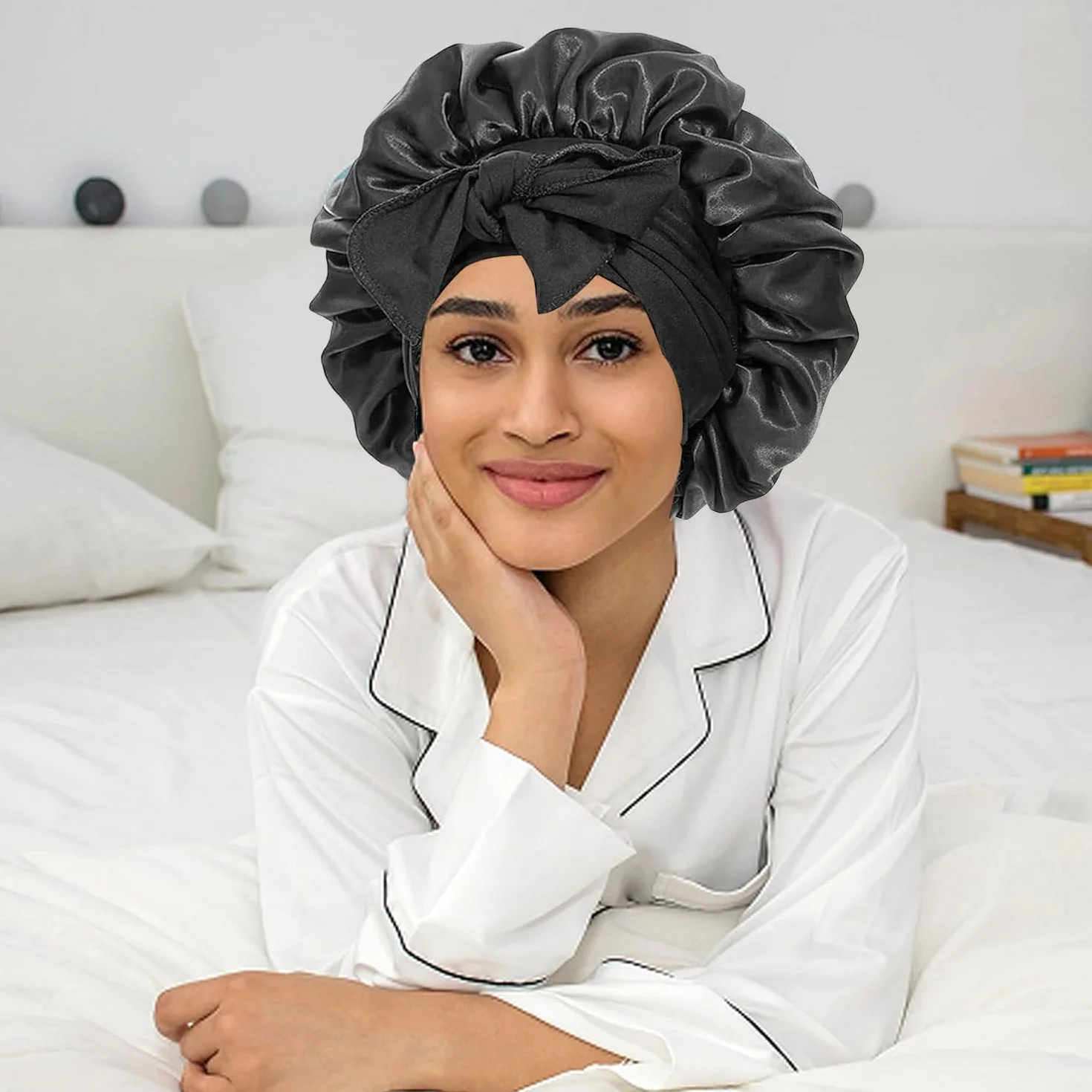 Satin Bonnet de Nuit pour Femmes Taille Ajustable Cheveux Bouclés Naturels