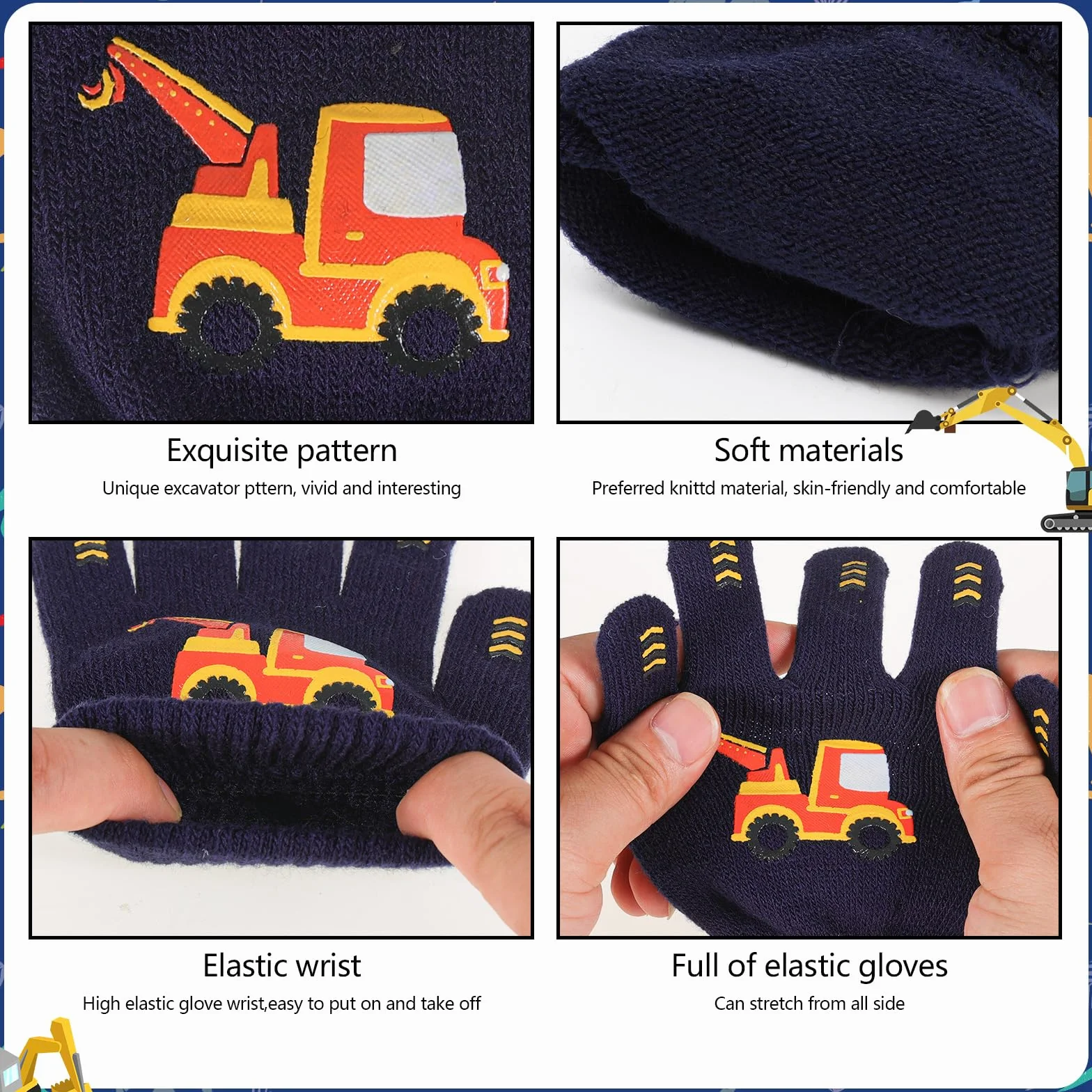 Gants magiques pour enfants Lot de 6 paires motif excavatrice 4-12 ans