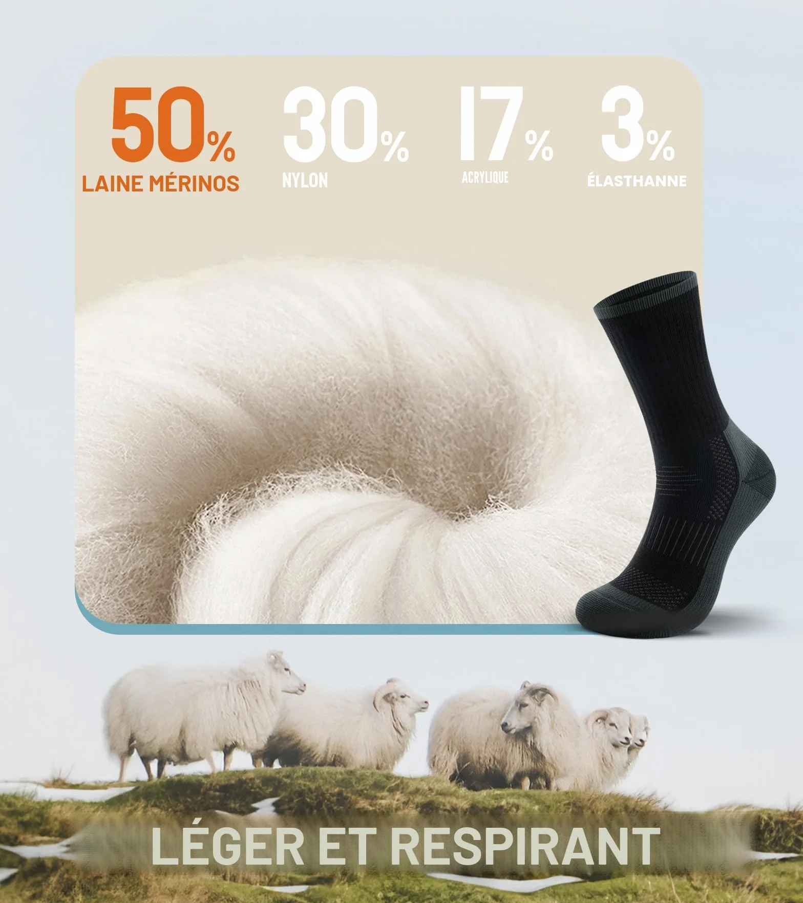 TANSTC Chaussettes de Randonnée en Laine Mérinos pour Femme Anti-ampoules Respirantes 3 Paires