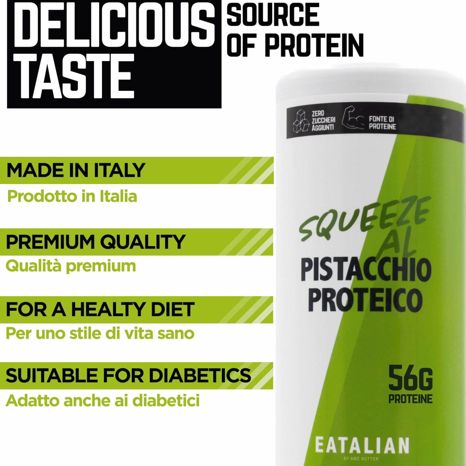 EATALIAN by AMZ BETTER Topping Protéiné au Goût de Pistache, Crème Sucrée Protéinée en Squeezer de 300 gr, Made in Italy, Sauce Pistache Idéale pour Décorer Glaces, Desserts et Dubai Chocolate